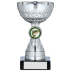 Silver-plated trophy cup with decorative diamond-cut crystal pattern bowl, mounted on white marble base with black engraving plate, featuring fishing medallion centre