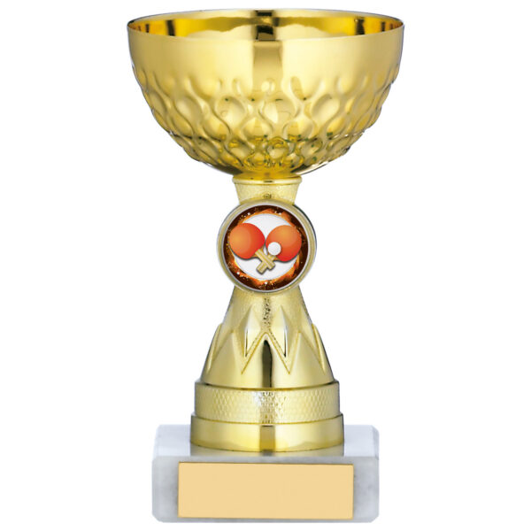 Gold-plated trophy cup with diamond-cut crystal pattern bowl on white marble base, featuring table tennis medallion centre and gold engraving plate
