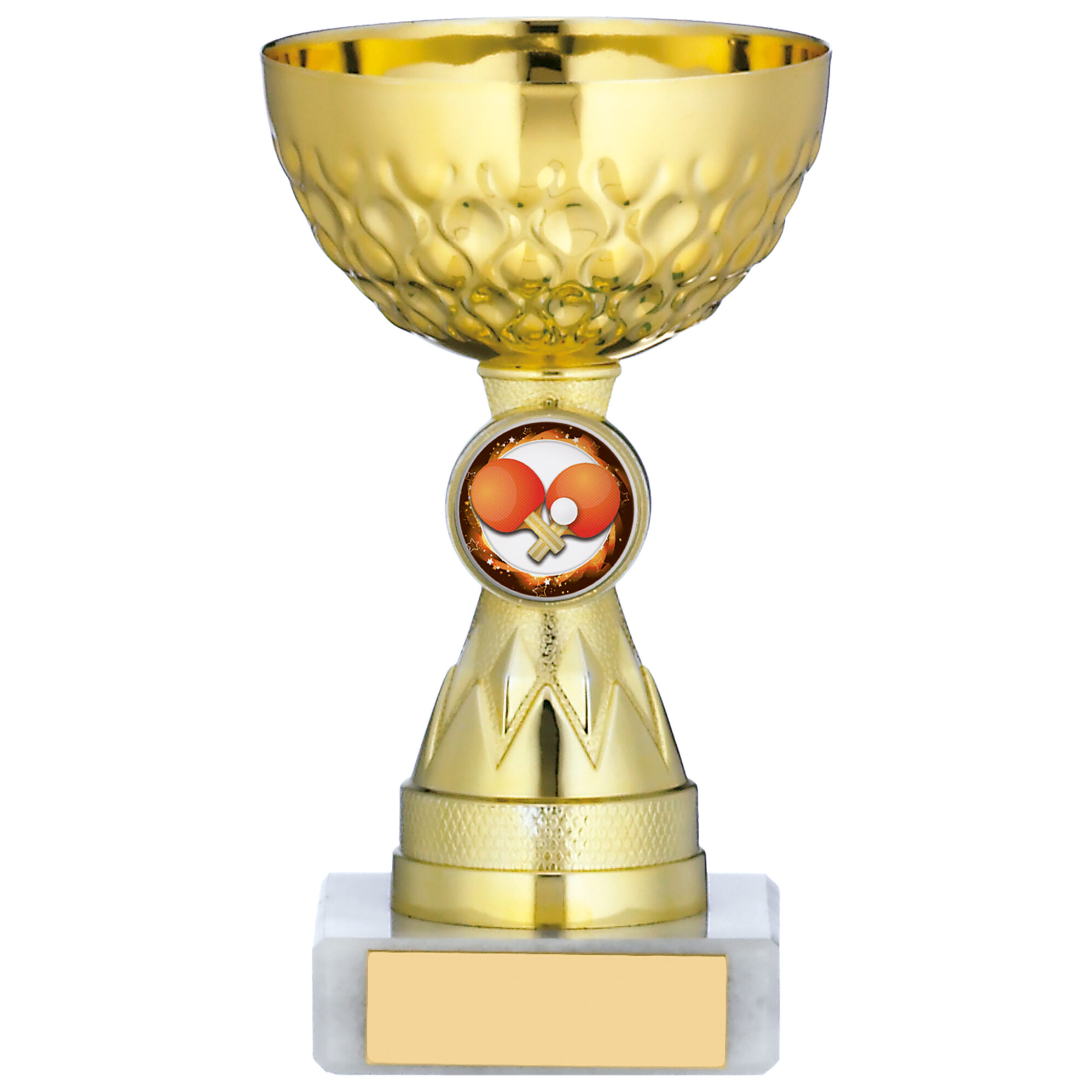 Gold-plated trophy cup with diamond-cut crystal pattern bowl on white marble base, featuring table tennis medallion centre and gold engraving plate