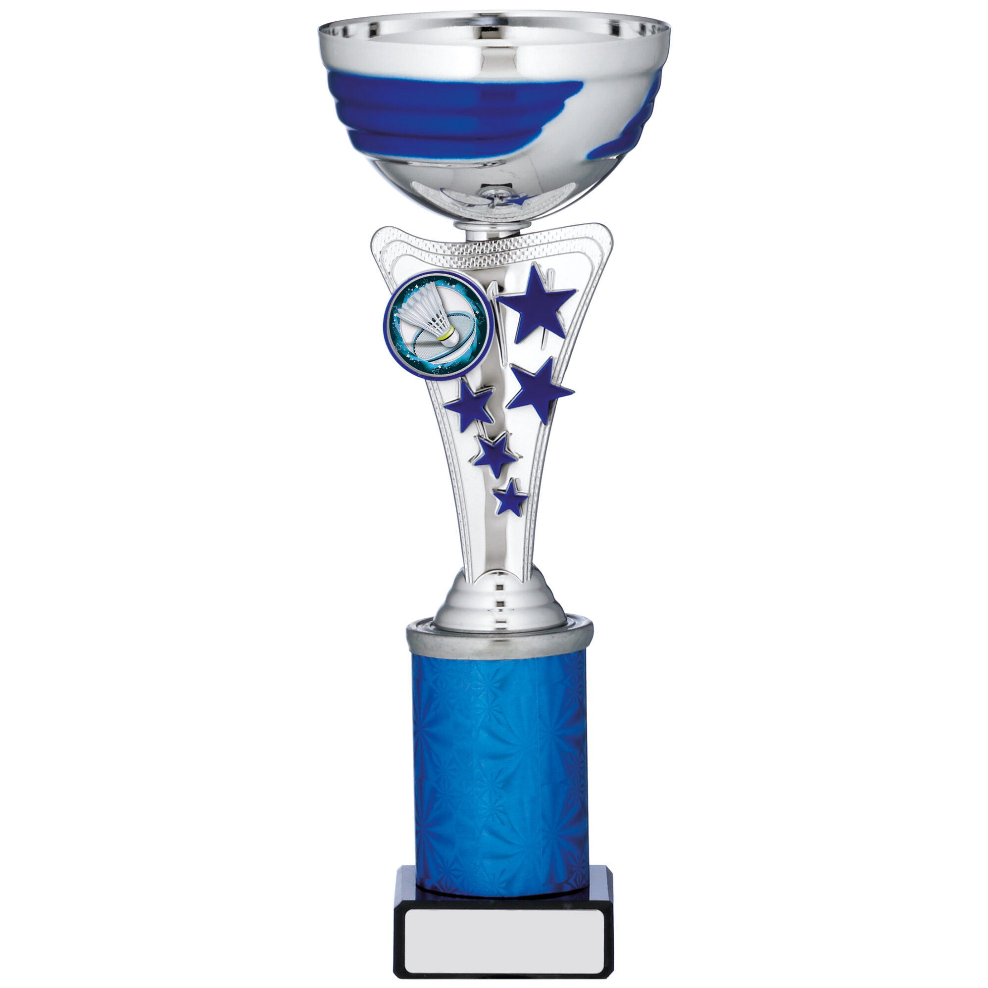 Silver and blue trophy cup with blue marbled bowl, transparent star-decorated stem, blue column base and black marble engraving base with badminton medallion centre