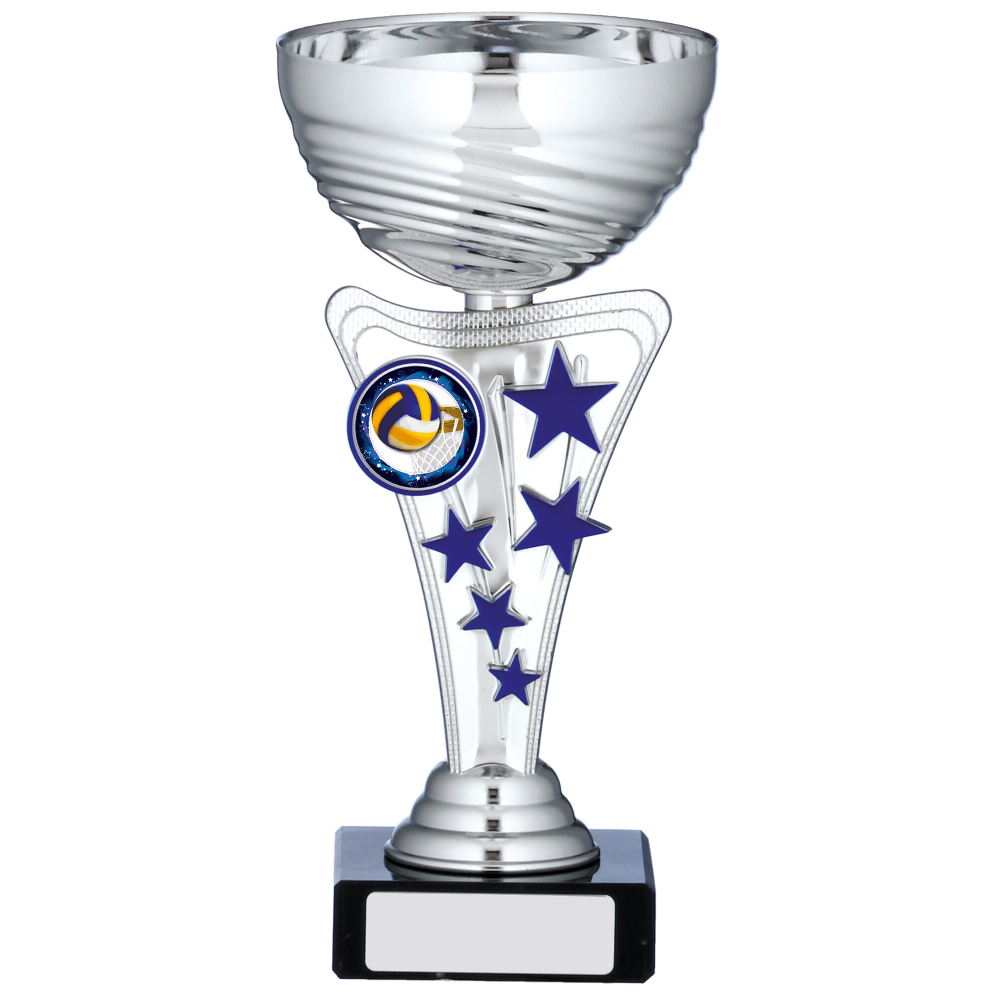 Silver-plated trophy cup with swirled glass bowl, clear acrylic stem featuring blue stars, volleyball centre medallion, and black marble base with engraving plate