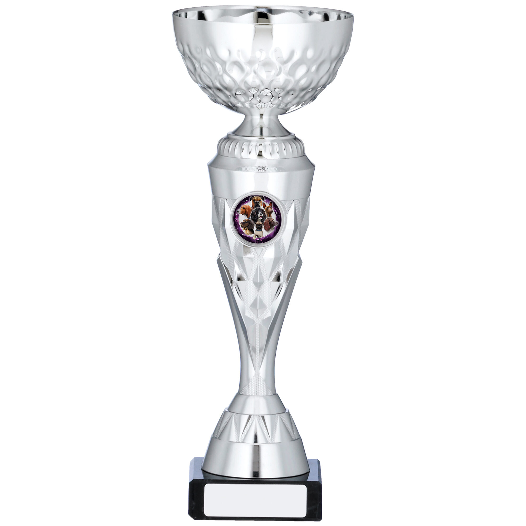 Silver-plated trophy with diamond-cut crystal bowl, ornate decorative stem, centre medallion insert, and black base with engraving plate
