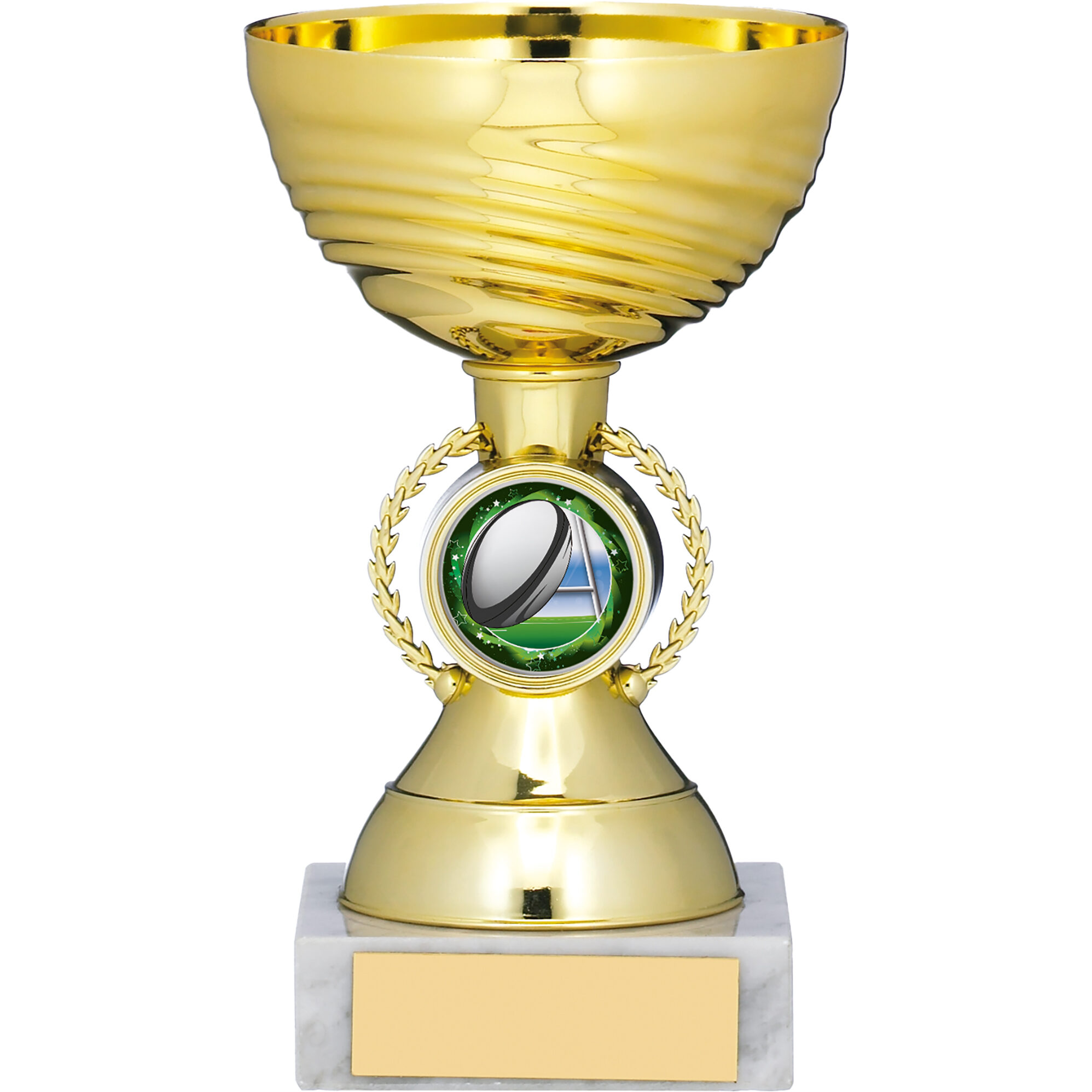 Gold-plated trophy cup with spiral textured bowl, decorative wreath surround, centre medallion insert, and white marble base with gold engraving plate