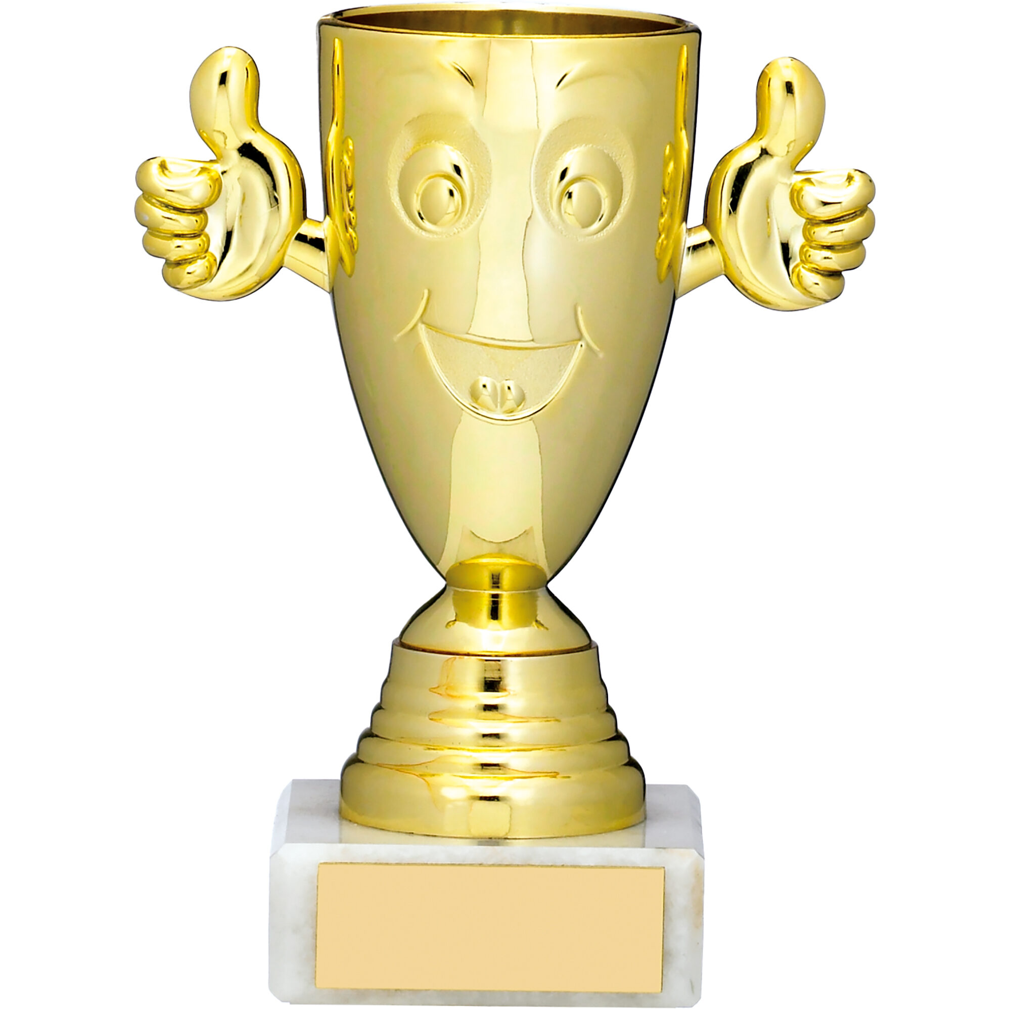 Gold-plated novelty trophy cup shaped like a smiling character with thumbs up hands, featuring a cheerful face and white marble base with engraving plate