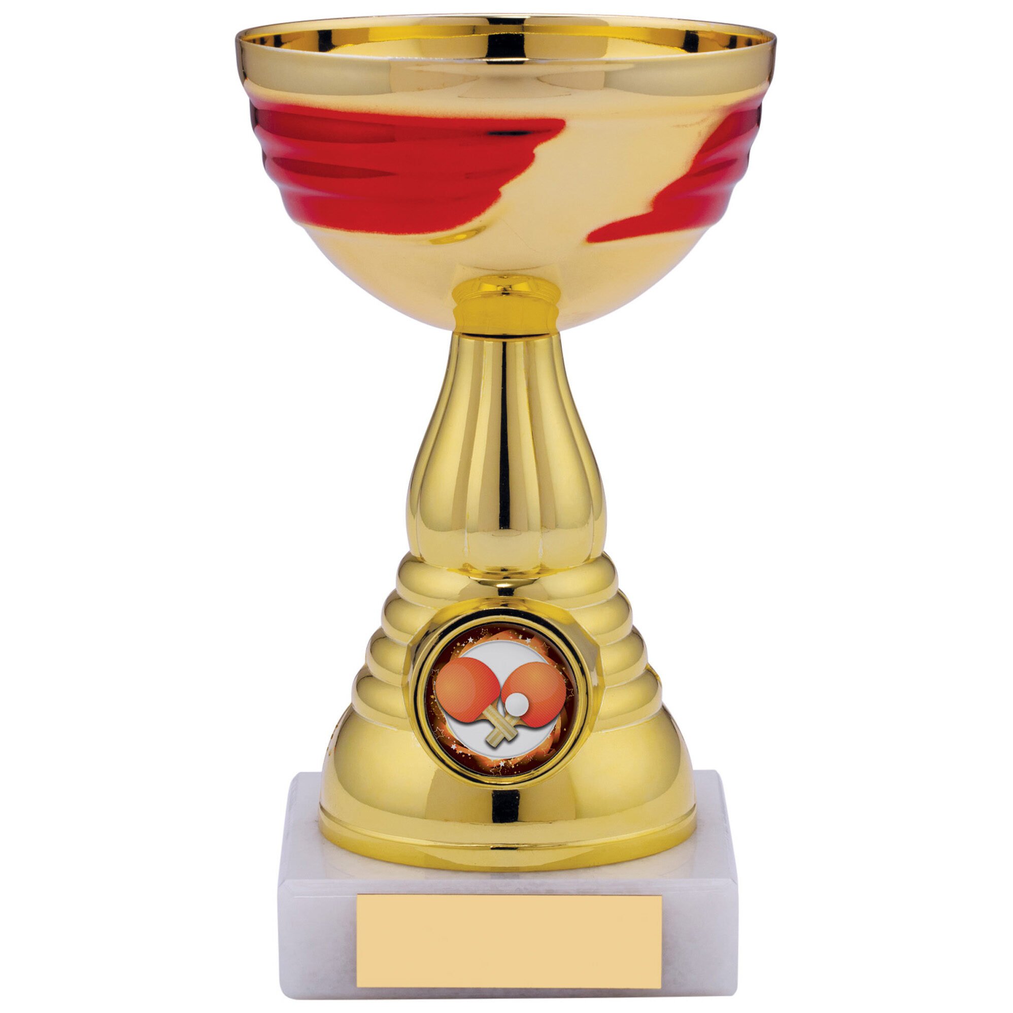 Gold-plated trophy cup with red flame patterns around bowl, fluted stem, white marble base with gold engraving plate and table tennis sports medallion