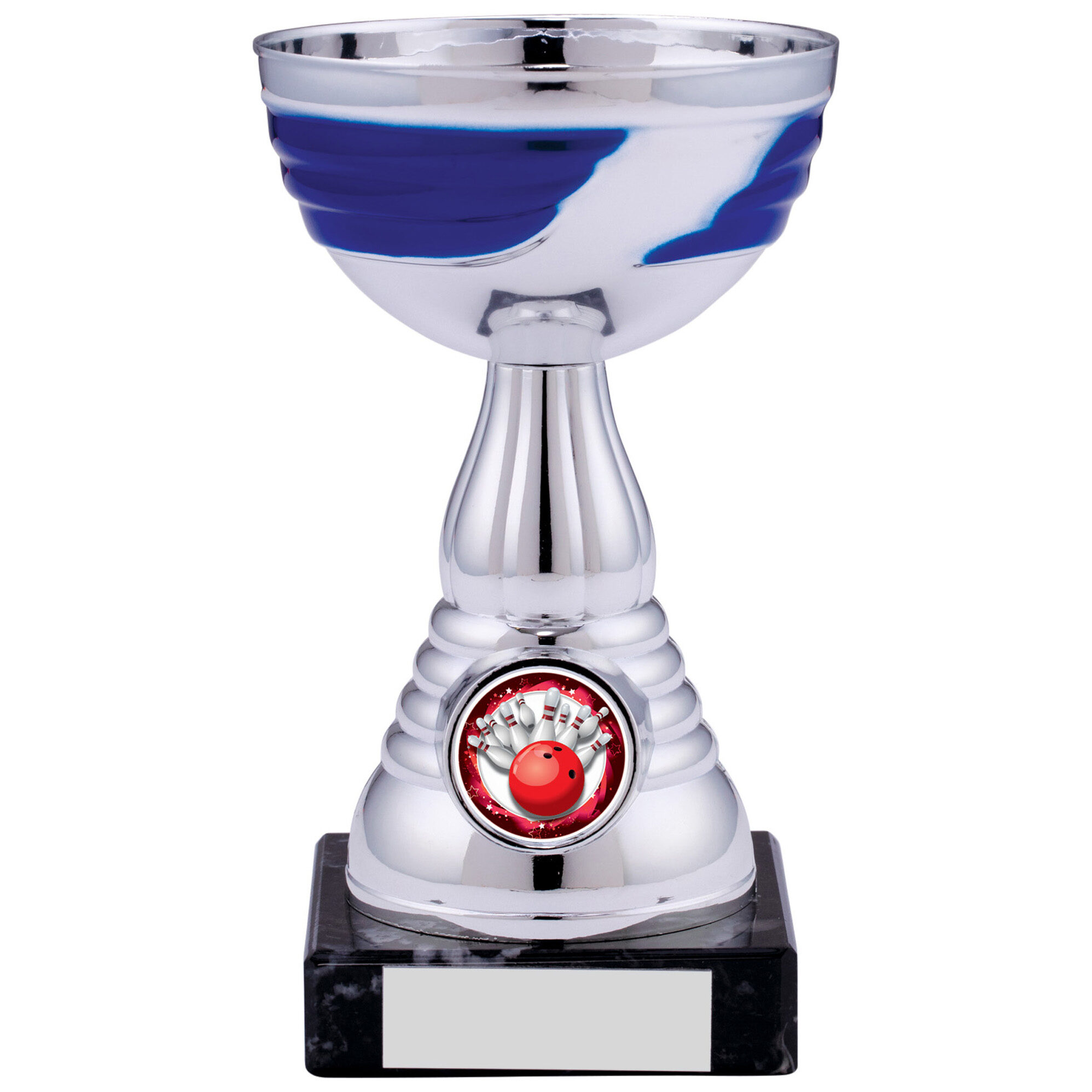Silver-plated trophy cup with blue wave patterns flowing around bowl, fluted stem, black marble base with silver engraving plate and bowling sports medallion