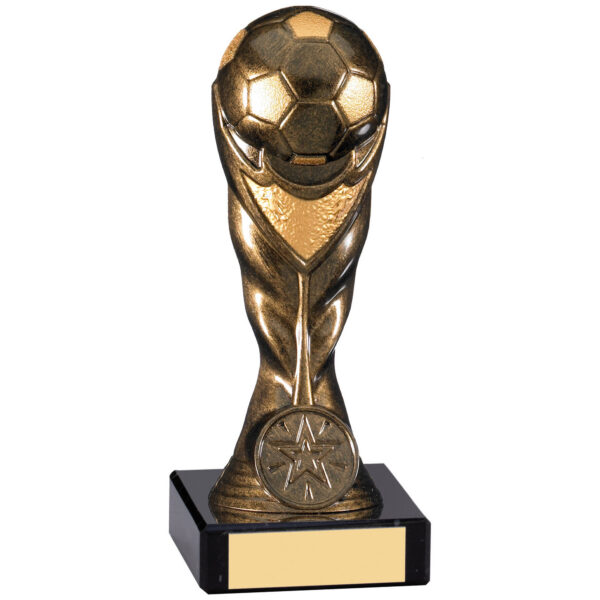 Antique bronze football trophy featuring detailed soccer ball at top with flowing ribbon design and star medallion, mounted on black base with gold engraving plate