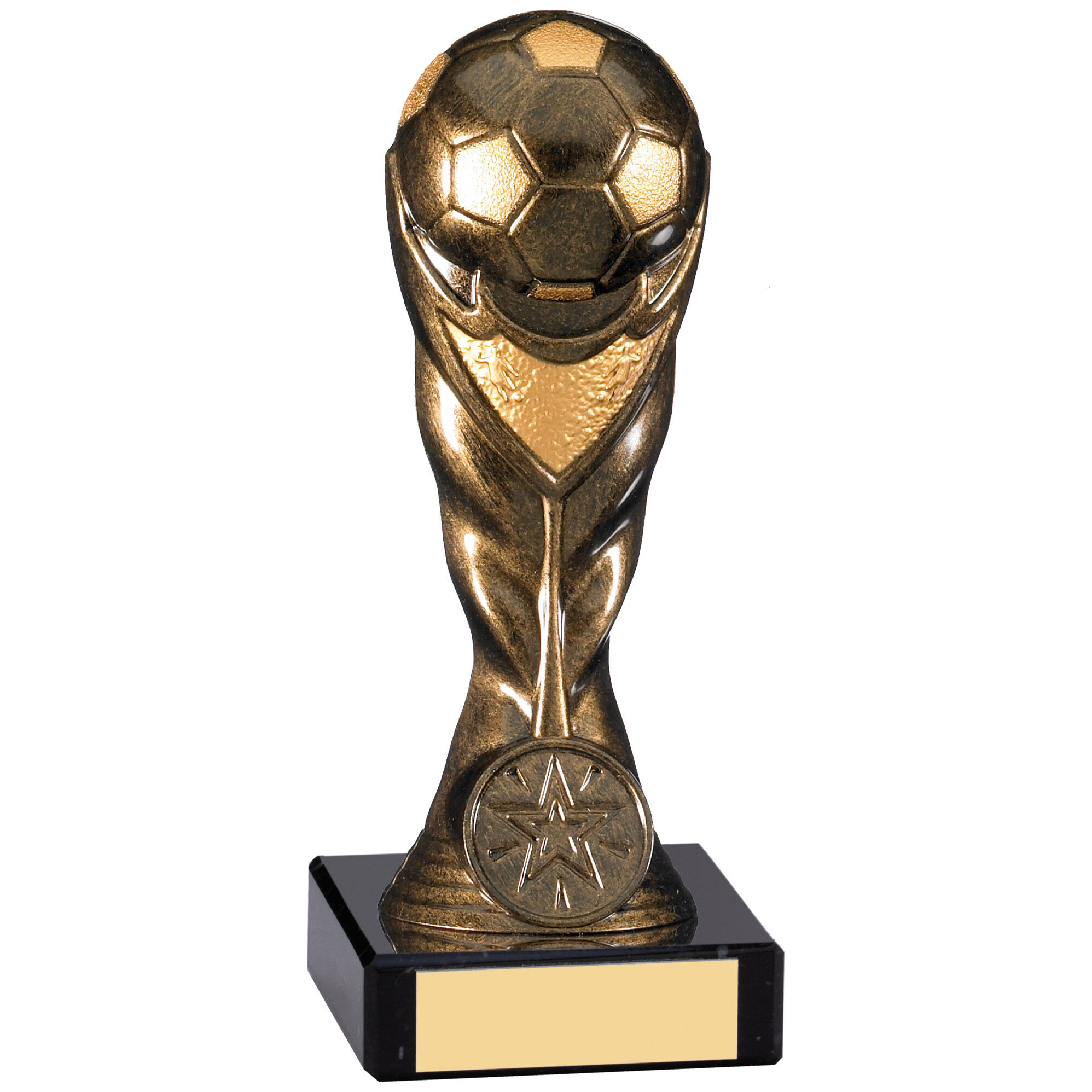 Antique bronze football trophy featuring detailed soccer ball at top with flowing ribbon design and star medallion, mounted on black base with gold engraving plate
