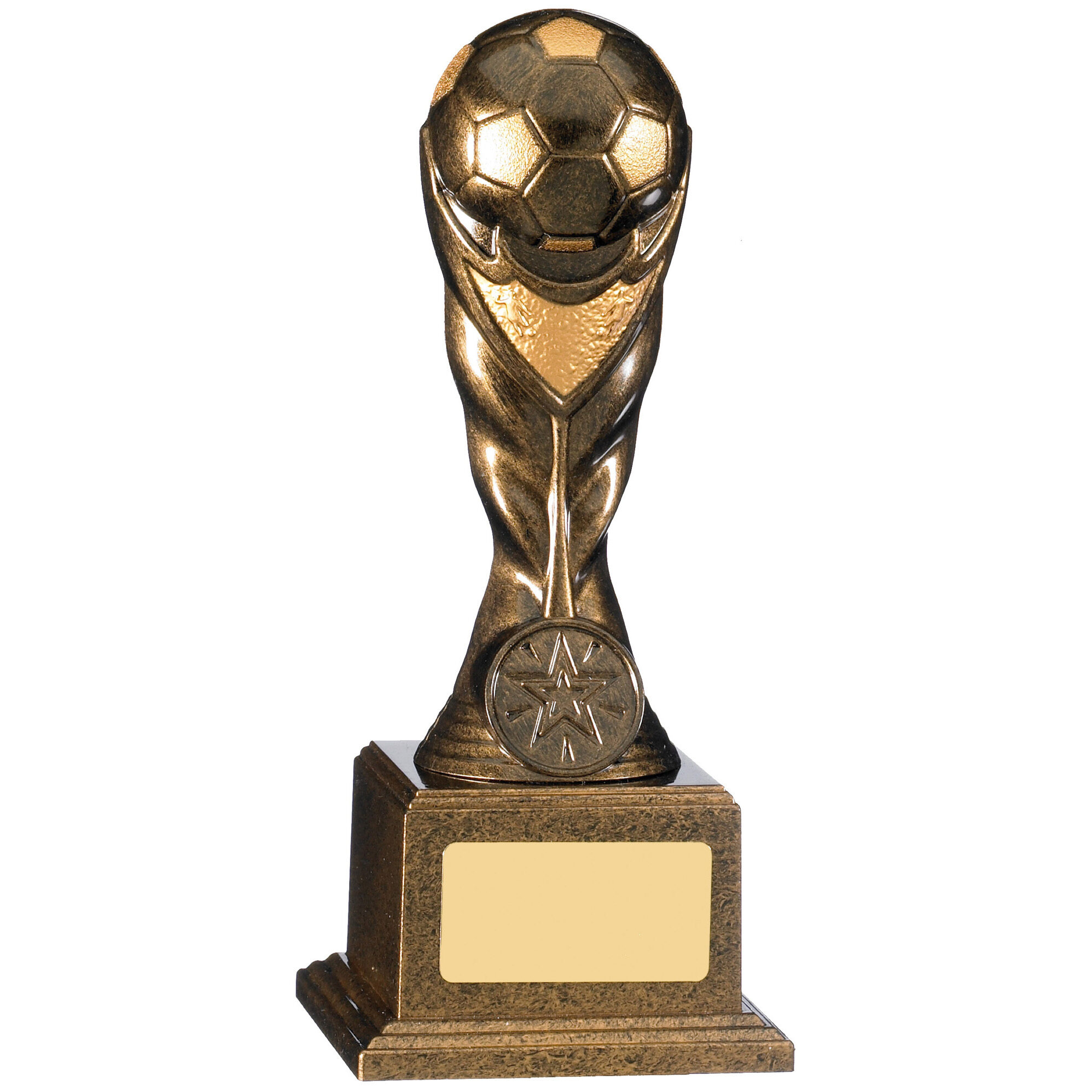 Premium antique bronze football trophy with detailed soccer ball and ribbon design, mounted on ornate stepped bronze base with gold engraving plaque