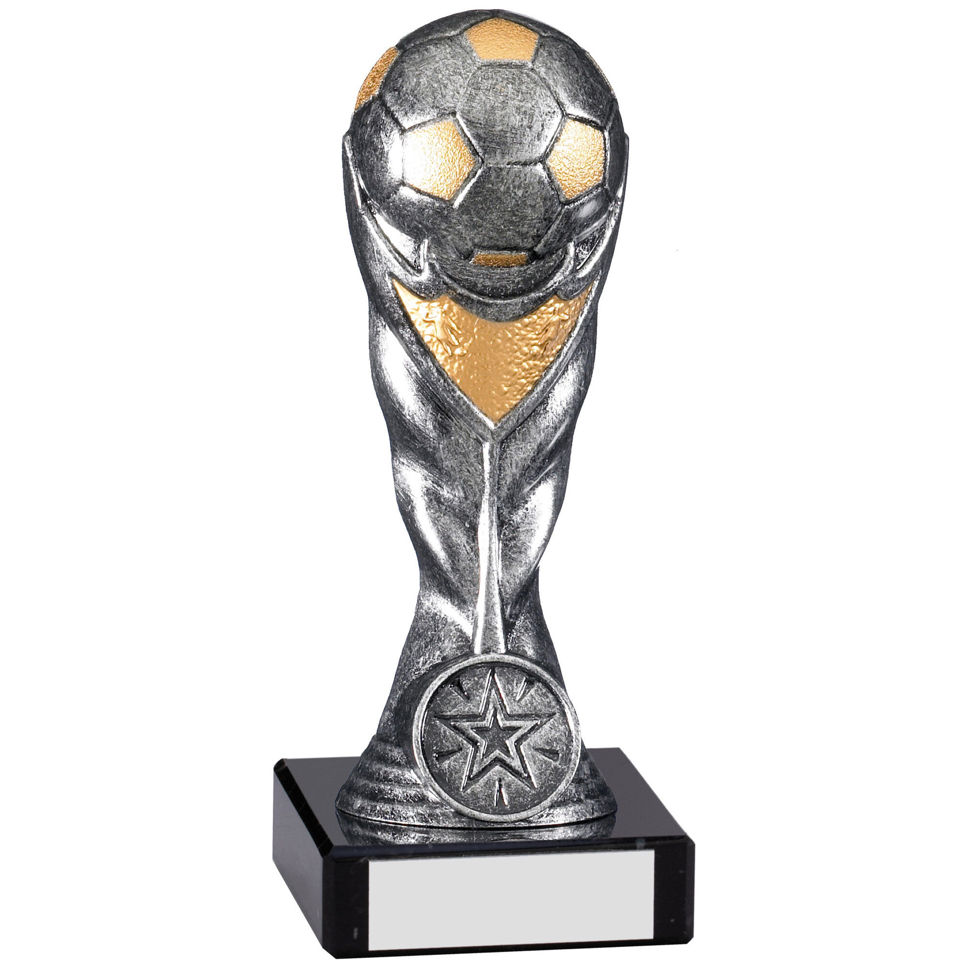 Silver football trophy with gold accents featuring detailed soccer ball and flowing ribbon design, star medallion, mounted on black base with silver engraving plate
