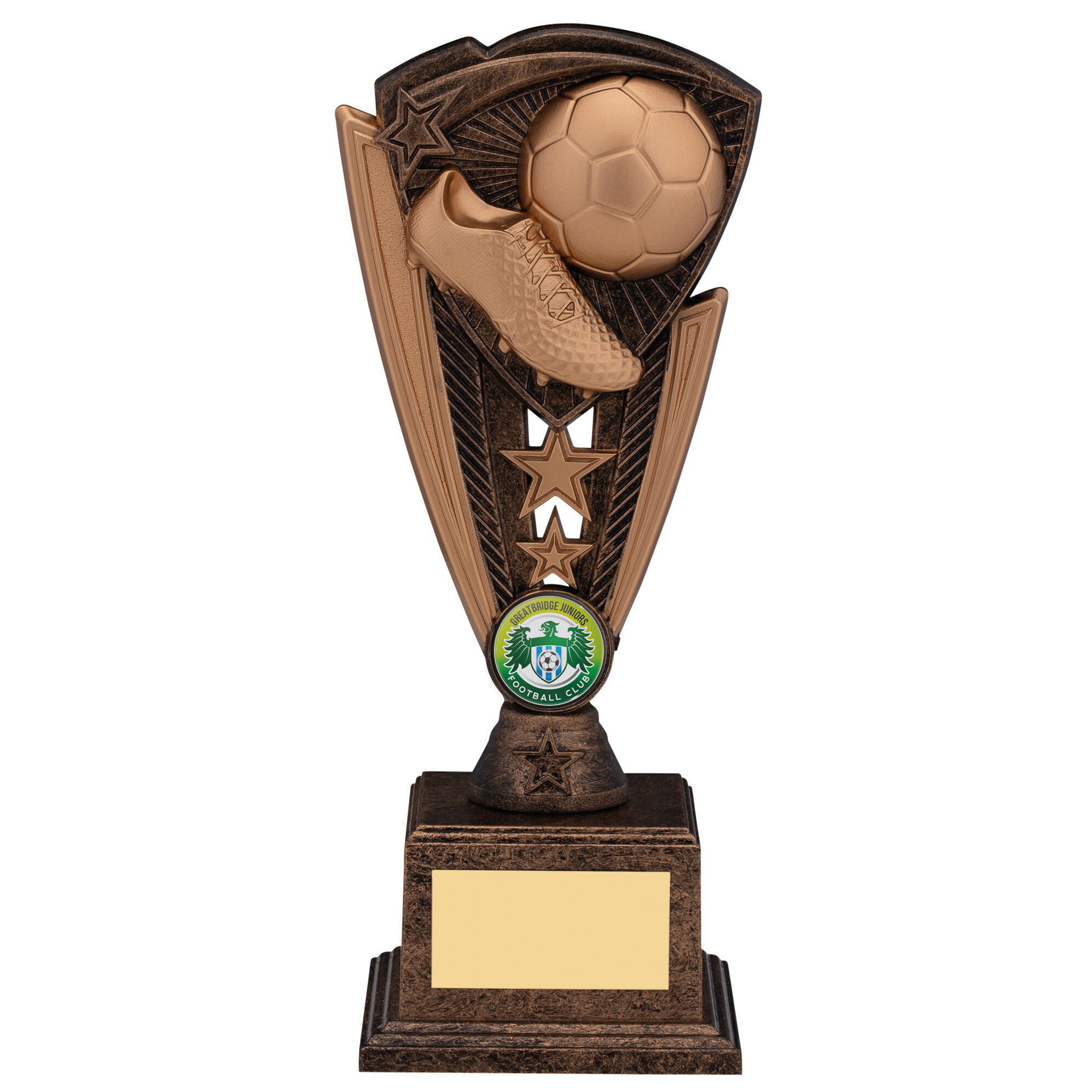 Bronze Utopia football trophy with shield-shaped frame containing detailed football boot and ball design, club badge area, mounted on bronze base with gold engraving plate