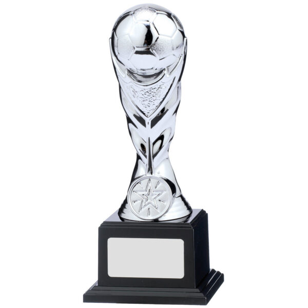 Clear crystal football trophy with elegant twisted column design, featuring detailed football at top, star motif, and black granite base with gold engraving plate