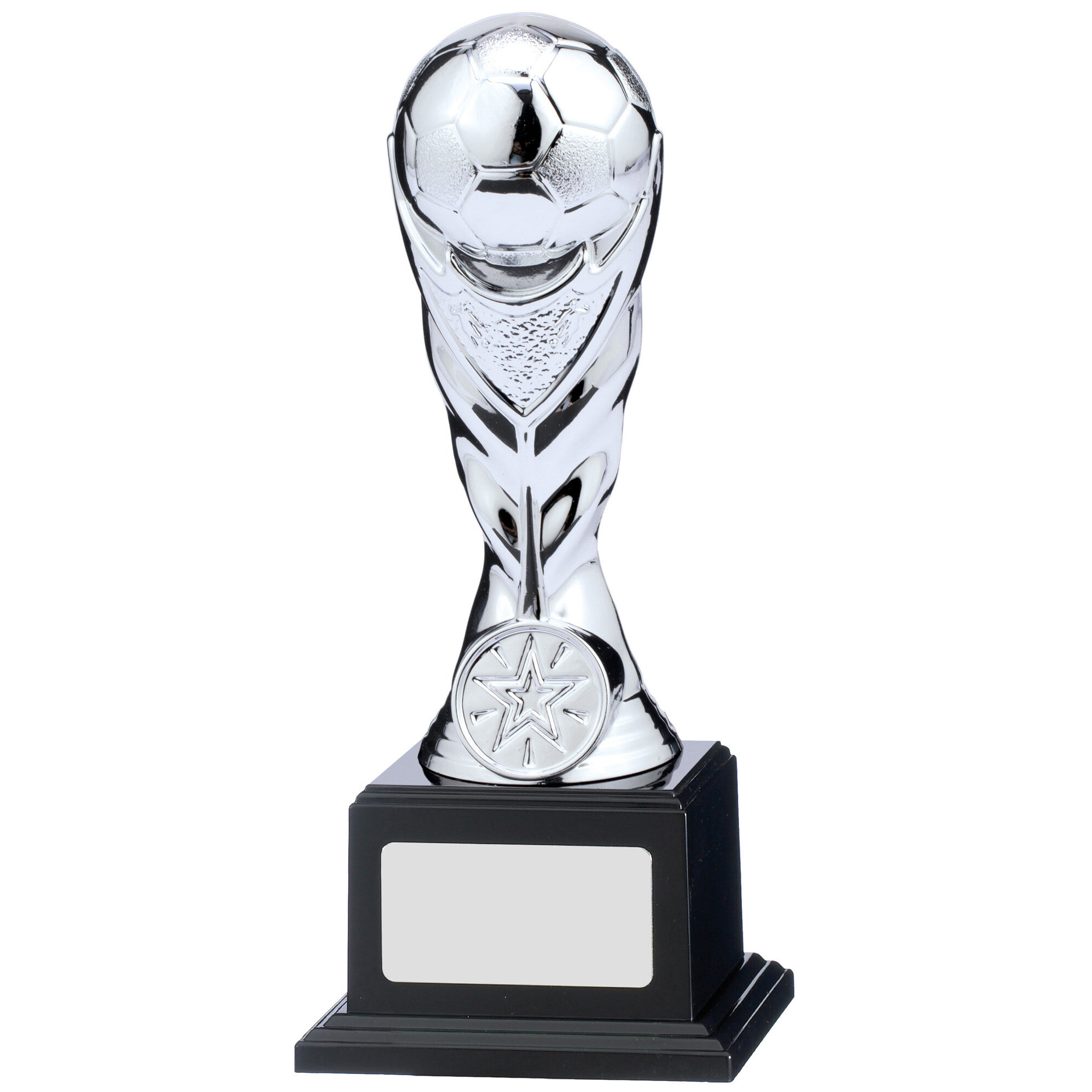 Clear crystal football trophy with elegant twisted column design, featuring detailed football at top, star motif, and black granite base with gold engraving plate