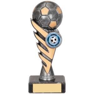 Budget football trophy 160mm high with antique gold flame design, realistic football with panels, football club centre badge, and black base with engraving plate