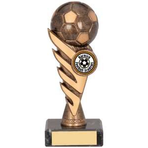 Budget football trophy 160mm high featuring antique bronze flame design, detailed football with realistic panels, football club centre badge, and black base with engraving plate