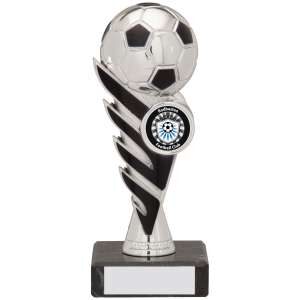 Silver football trophy with black twisted column design, featuring 3D football, centre medallion, and black marble base with gold engraving plate
