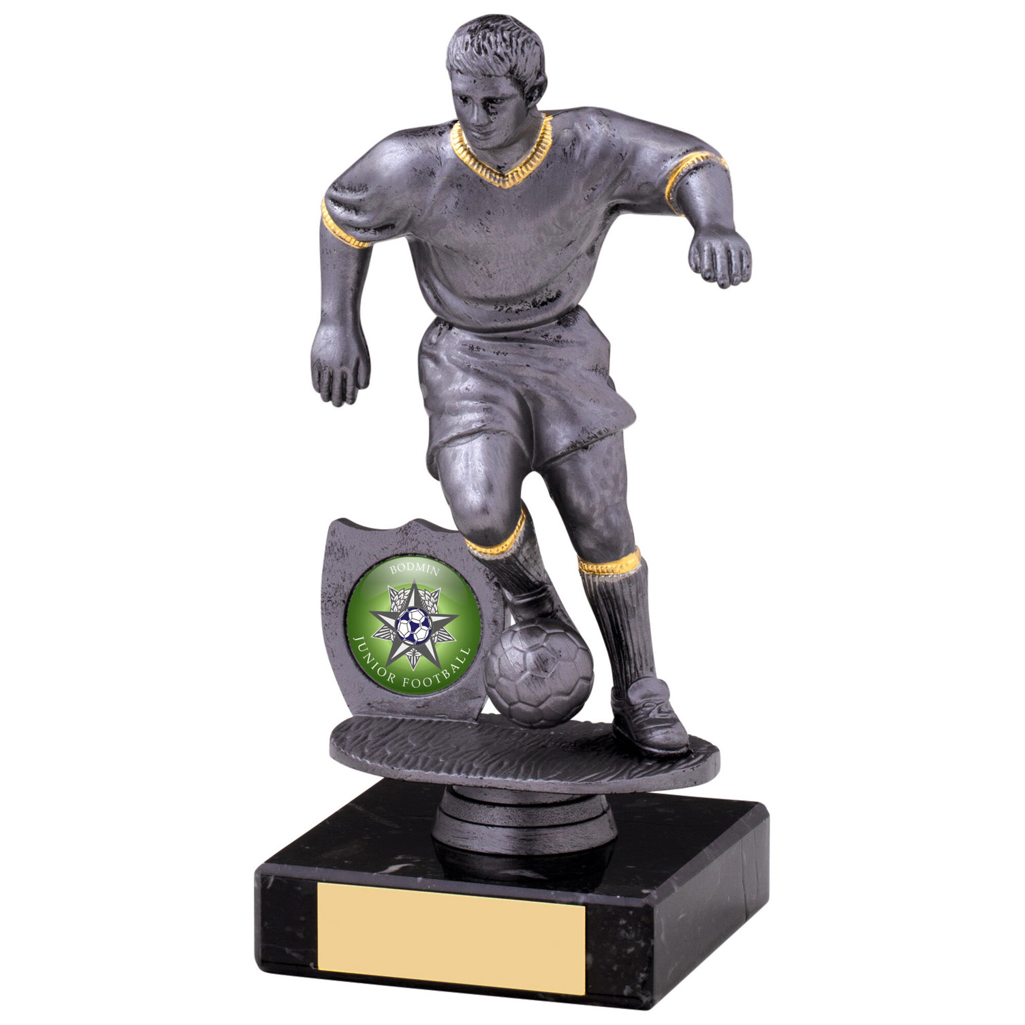 Pewter-finish male football player trophy with player figure dribbling ball, mounted on black marble base with gold engraving plate
