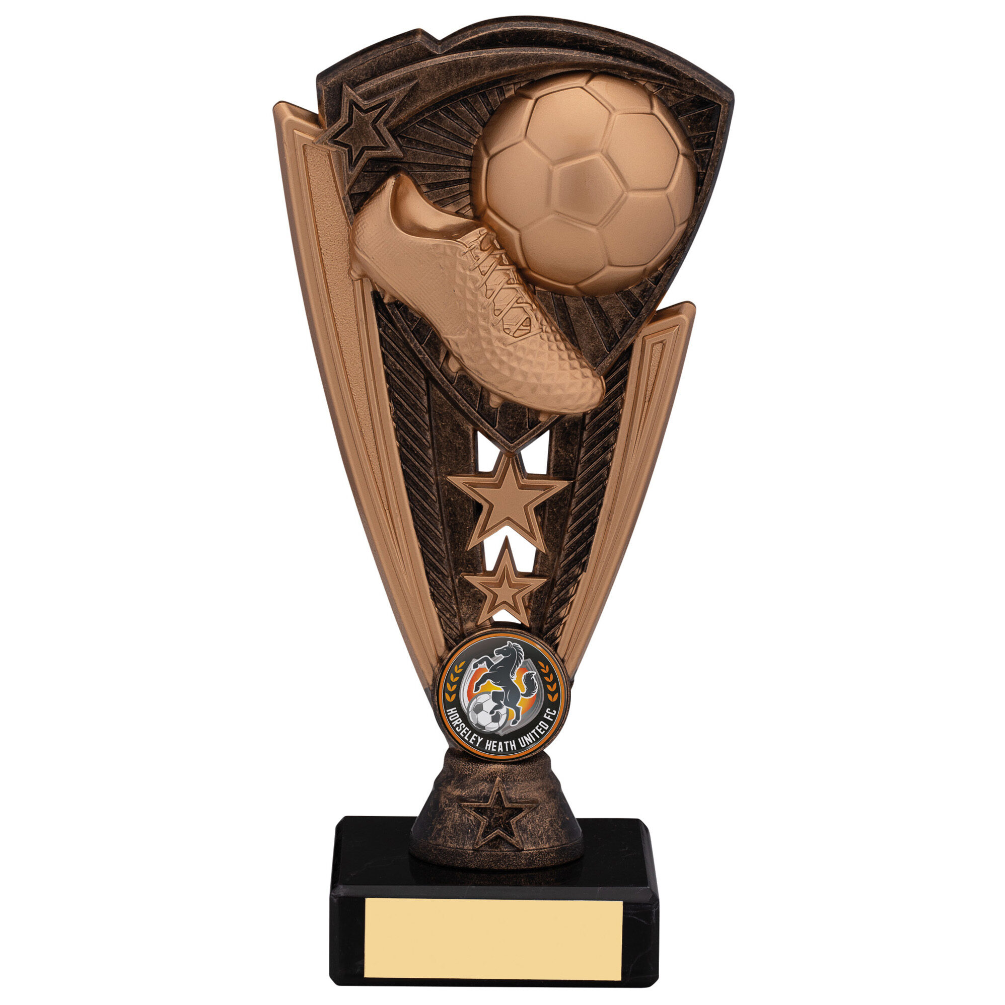 Bronze finish shield-shaped football trophy with raised copper-tone boot and ball, decorative stars, circular emblem space, on black marble base with gold plate