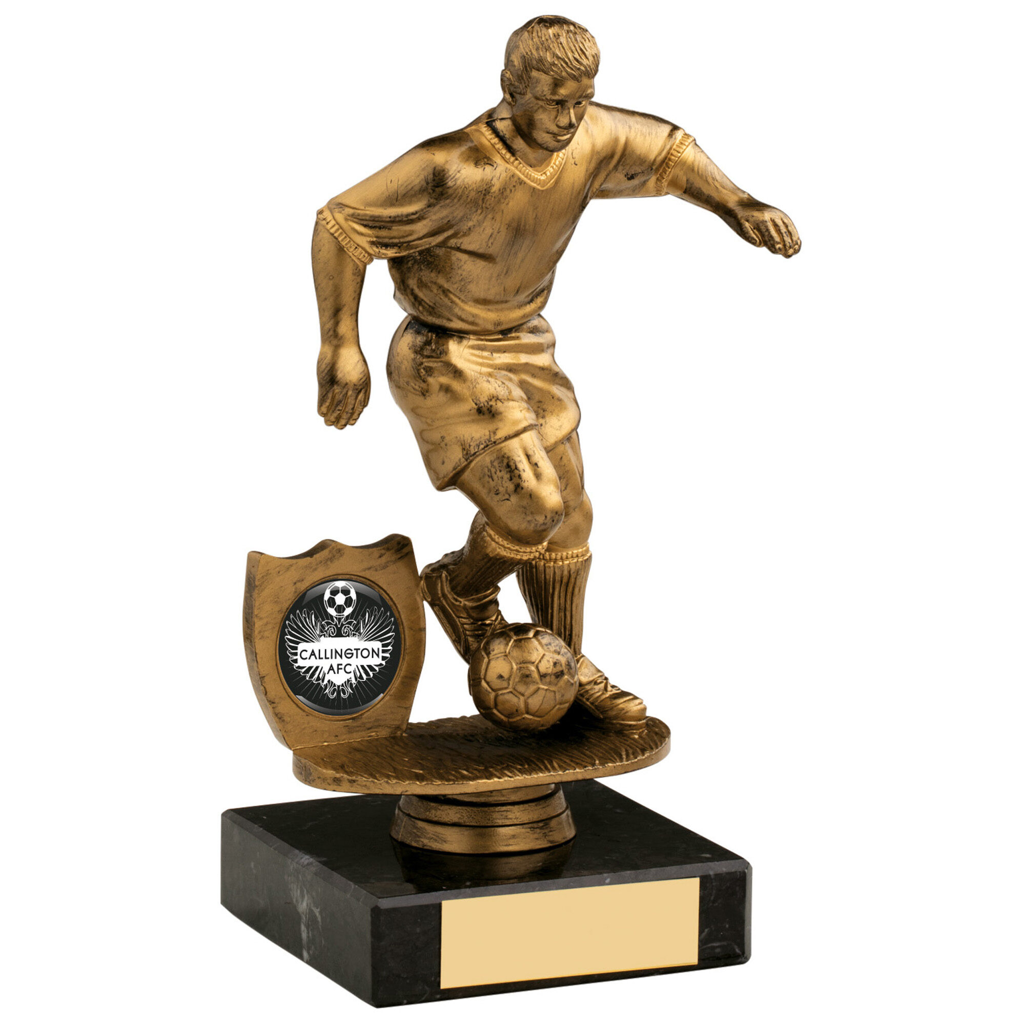 Golden male football player trophy showing detailed figurine in kicking pose with football, featuring club logo space and black marble base with brass engraving plate