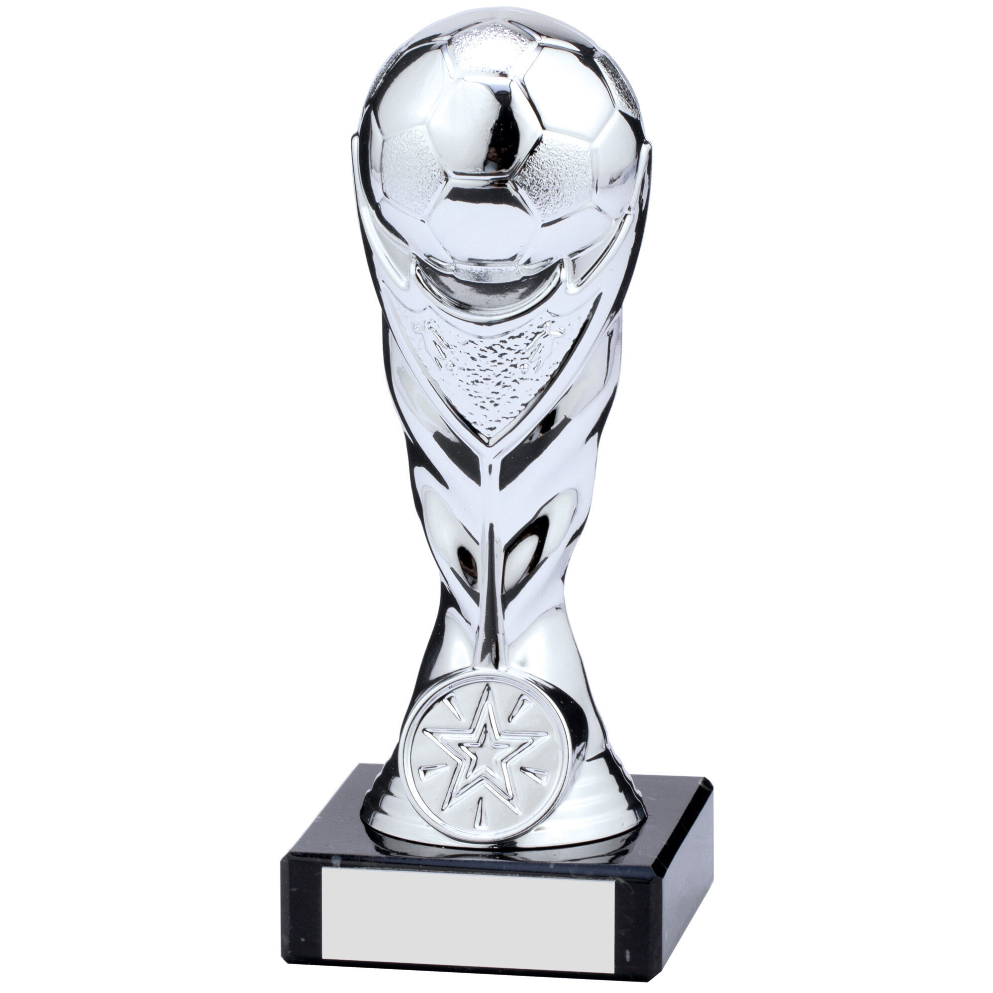 Crystal football cup trophy with detailed football at top, decorative cut crystal body design, and polished black crystal base with engraving space