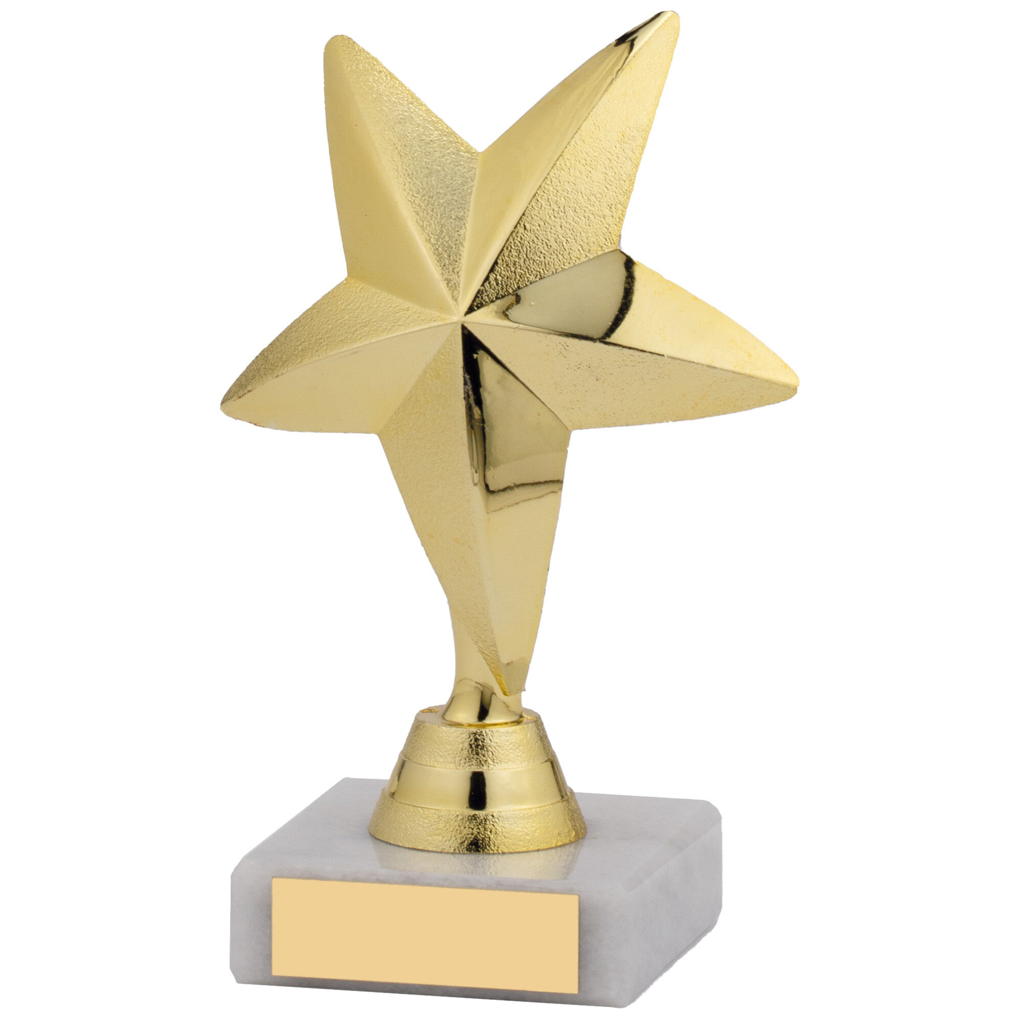 Golden star achievement trophy with polished metallic dimensional star design, elegant stem, and white marble effect base with brass engraving plate