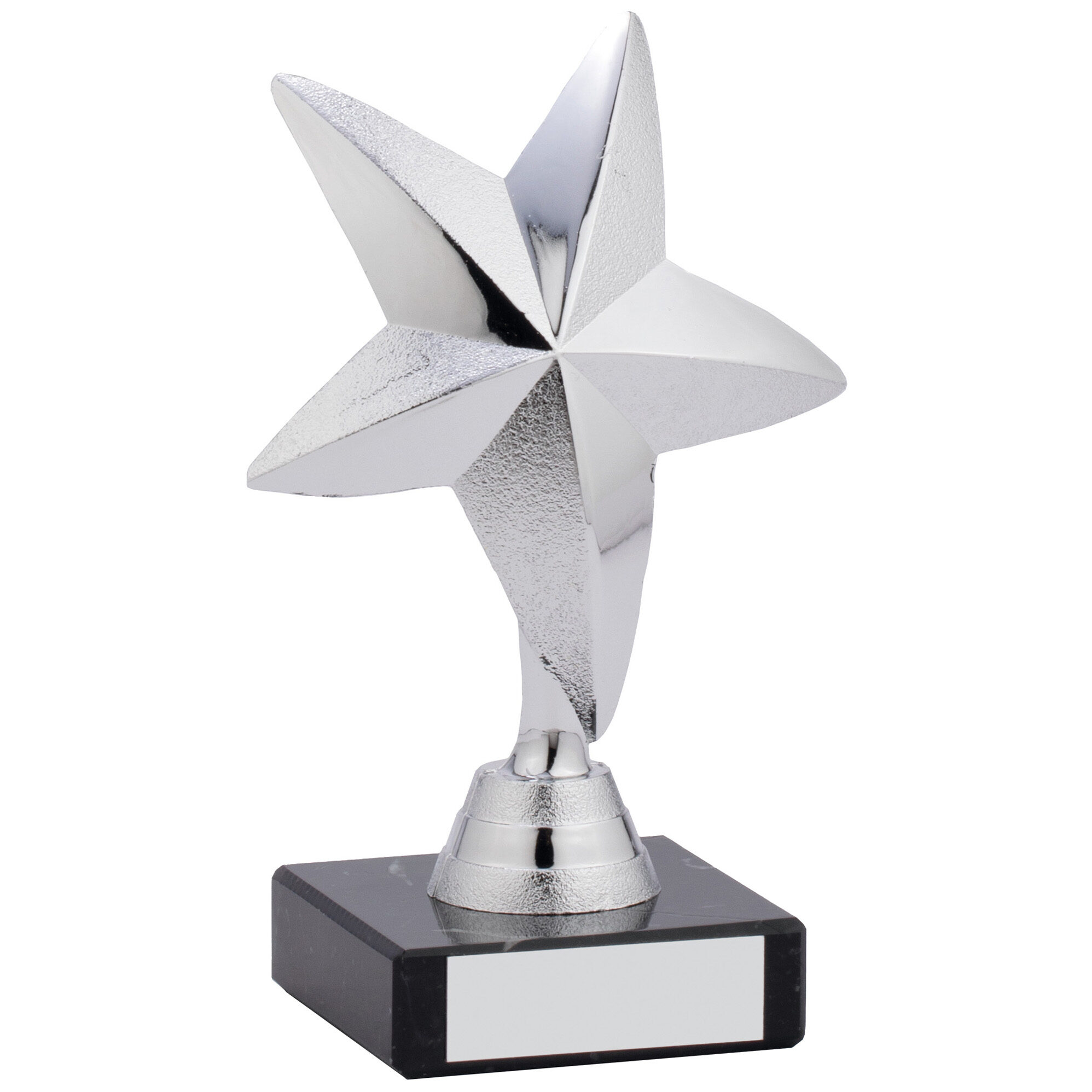 Silver star achievement trophy with polished metallic dimensional star design, elegant stem, and black crystal effect base with silver engraving plate