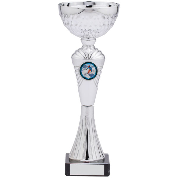 Silver-plated trophy cup with diamond-cut bowl pattern, white marble base, fan-shaped column design and circular emblem holder showing sailing motif