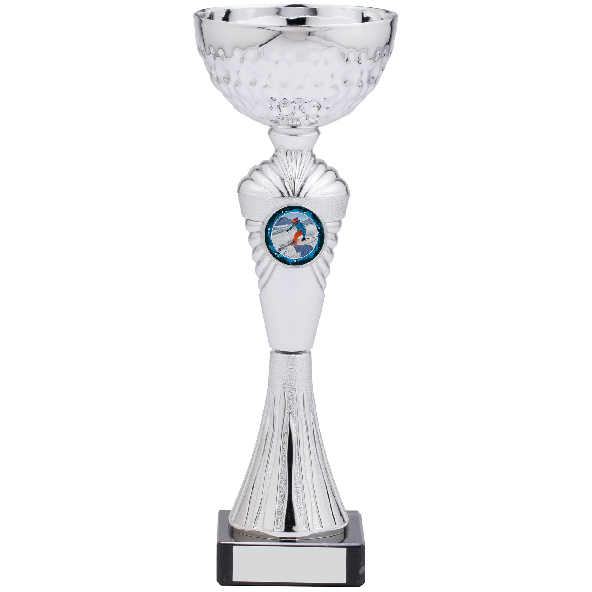 Silver-plated trophy cup with diamond-cut bowl pattern, white marble base, fan-shaped column design and circular emblem holder showing sailing motif