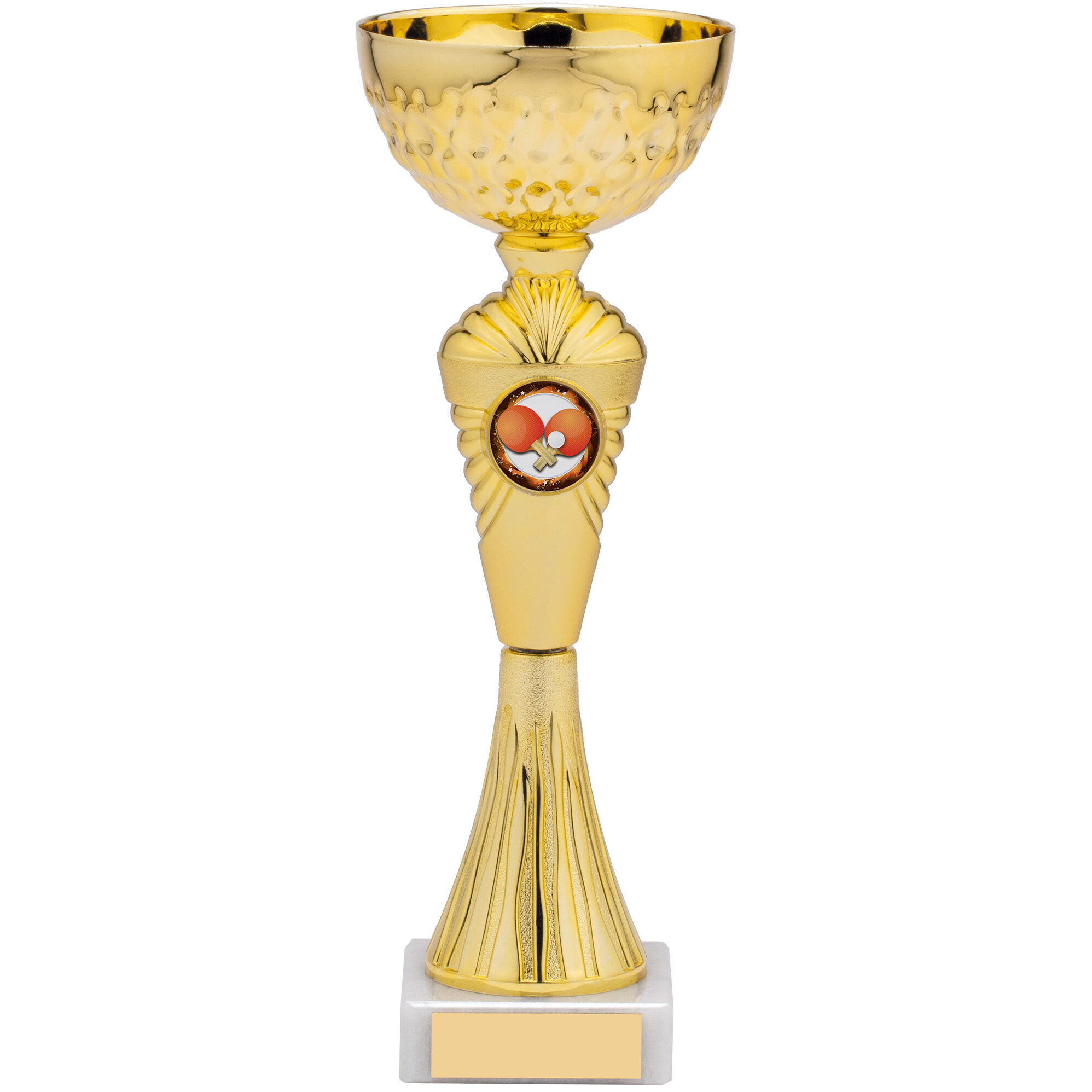 Gold-plated trophy cup with diamond-cut bowl pattern, white marble base, fan-shaped column and circular emblem holder displaying table tennis motif