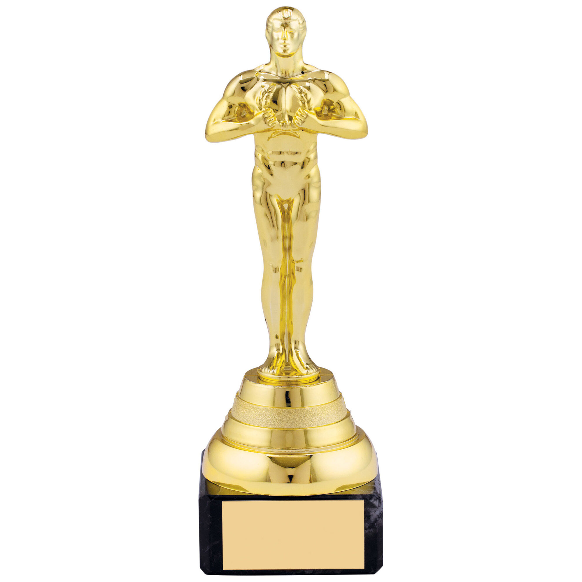 Gold-plated male figure trophy in victory pose with arms holding wreath, standing on tiered base with black marble section and gold engraving plate