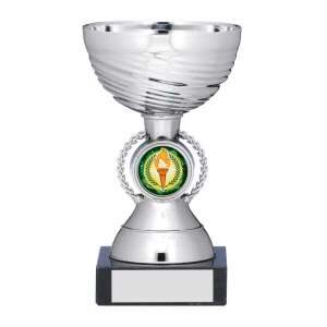 Silver-plated trophy cup with horizontal ridged pattern around bowl, black base with silver engraving plate and circular sports medallion with customisable centre