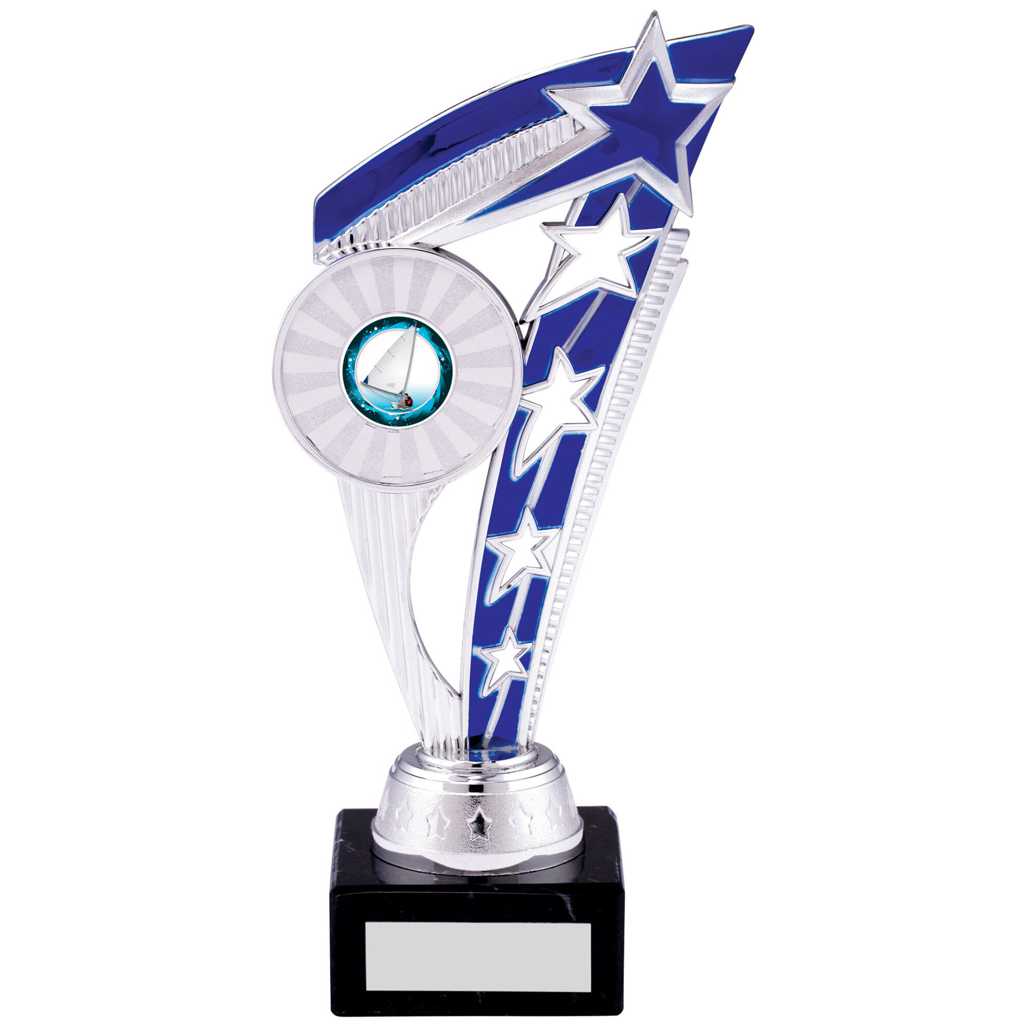 Contemporary silver trophy with blue star design featuring curved elements, multiple decorative stars, centre emblem holder with sailing motif, and black marble base