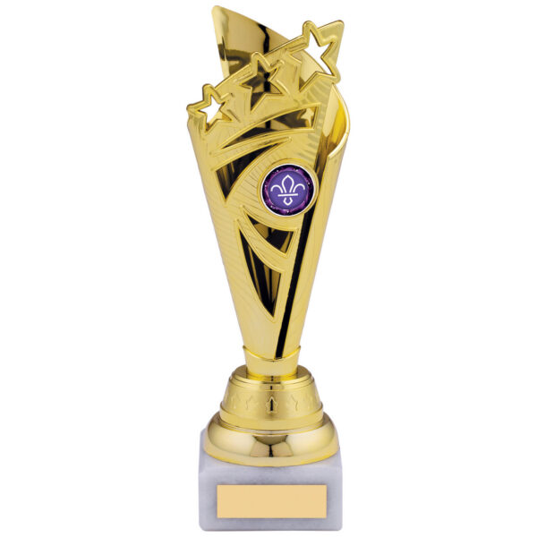 Gold star trophy with three cascading stars, customisable centre insert, and white marble base with engraving plate