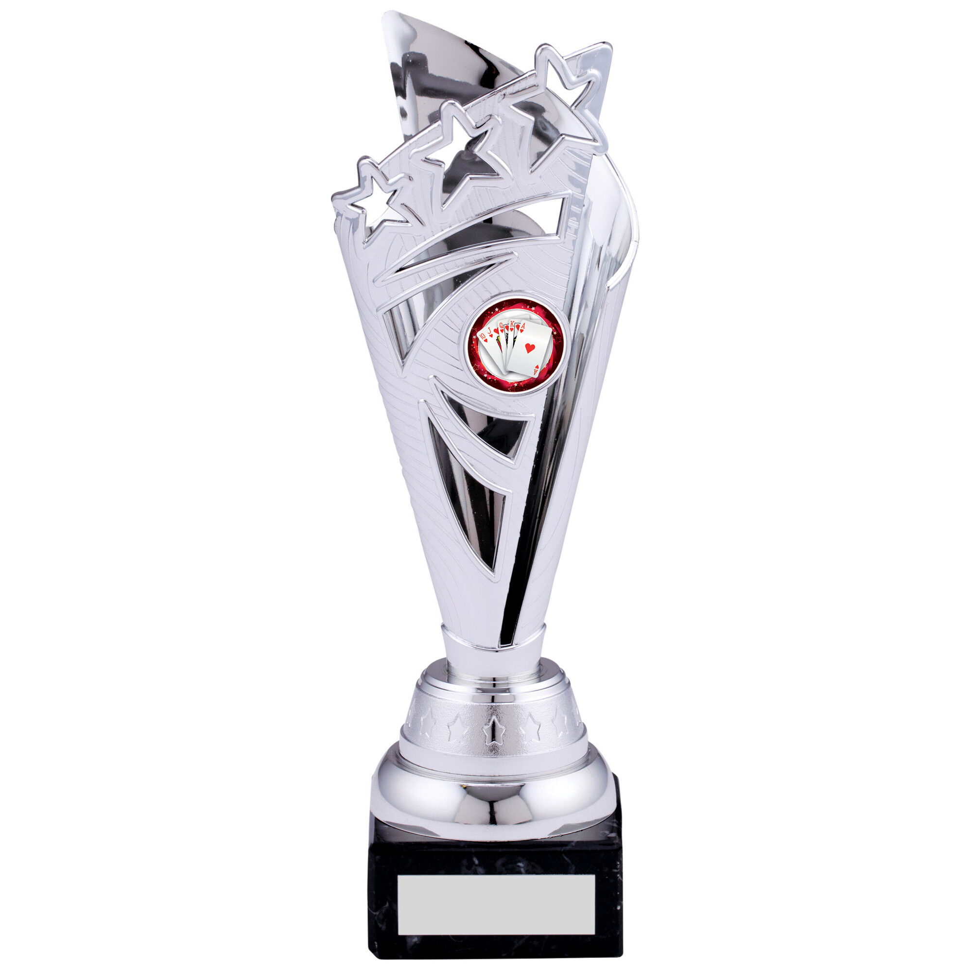 Silver star trophy with three ascending stars, red centre insert with playing cards design, and black marble base with engraving plate