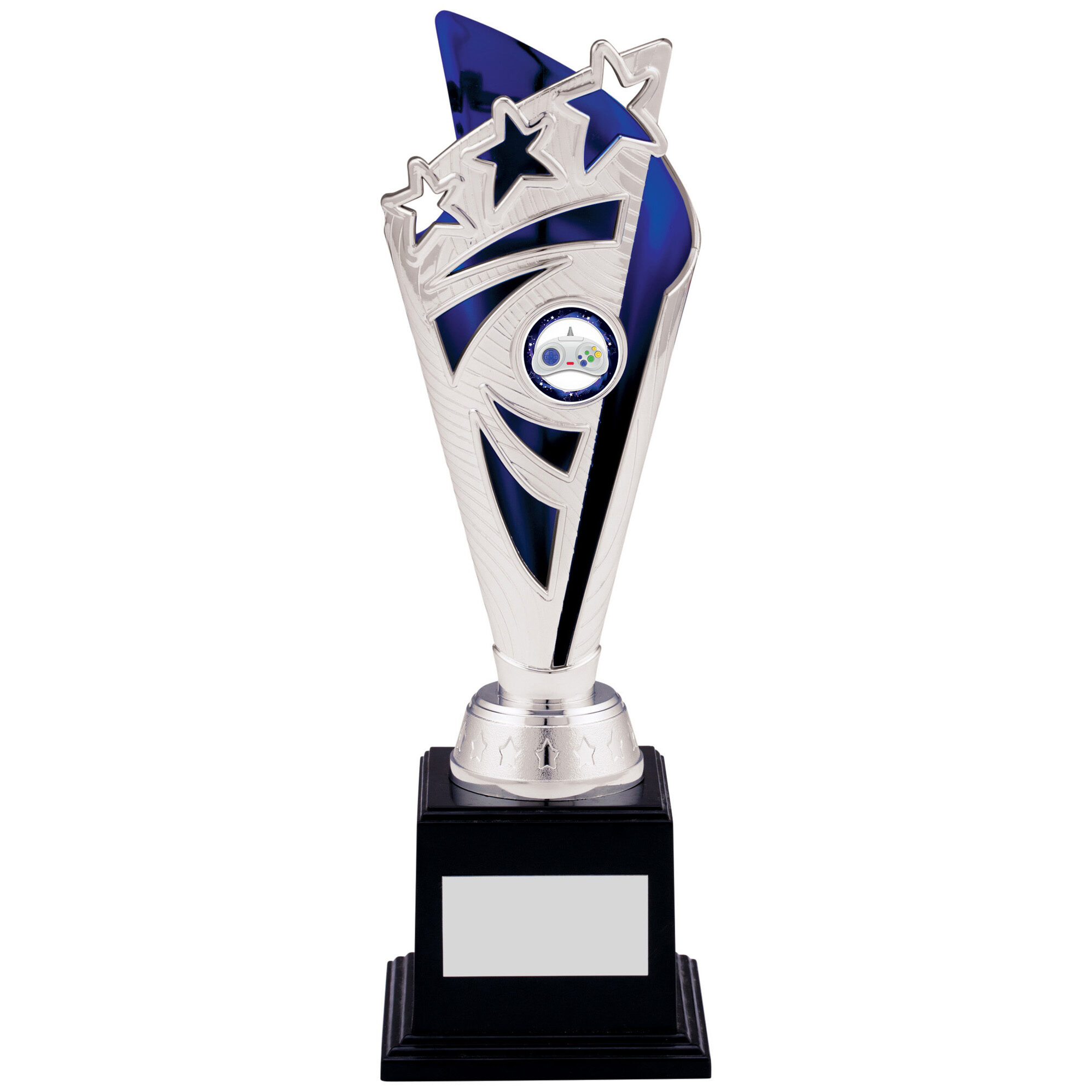 Silver and blue star trophy with three cascading stars, gaming controller centre insert, and black marble base with silver engraving plate