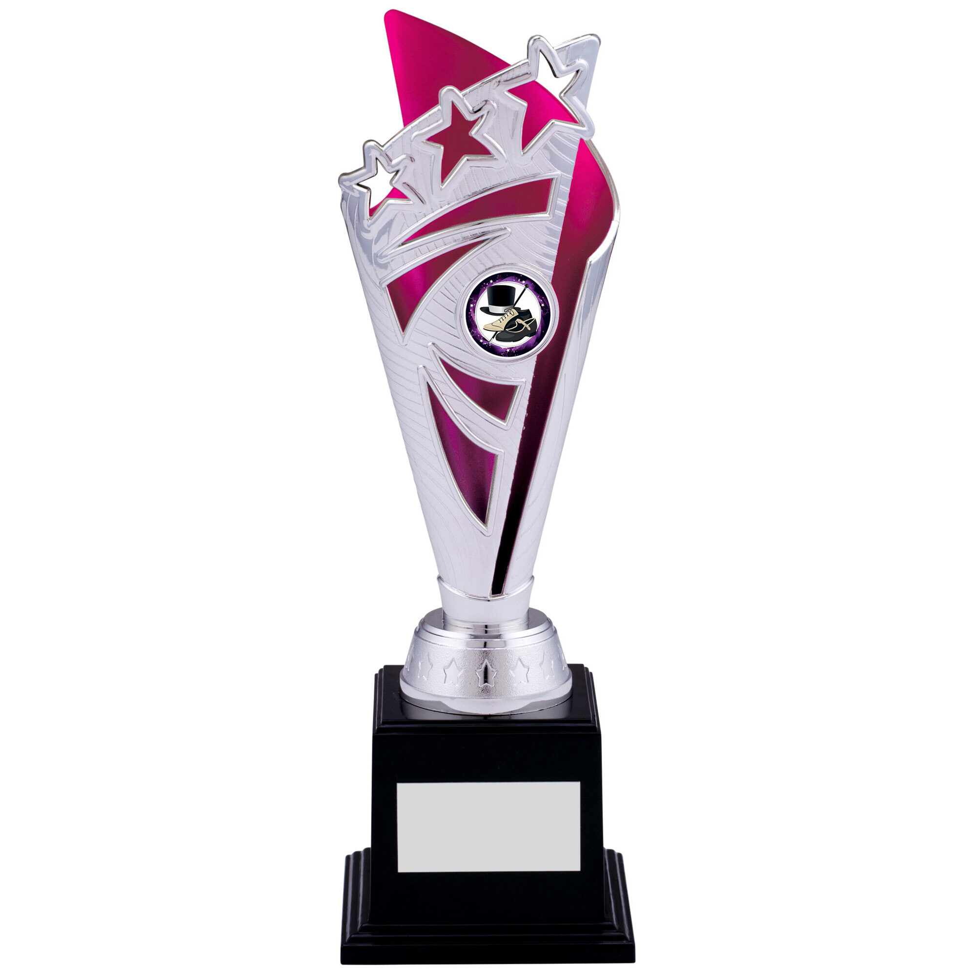 Silver and pink star trophy with three cascading stars, magician hat centre insert, and black marble base with silver engraving plate