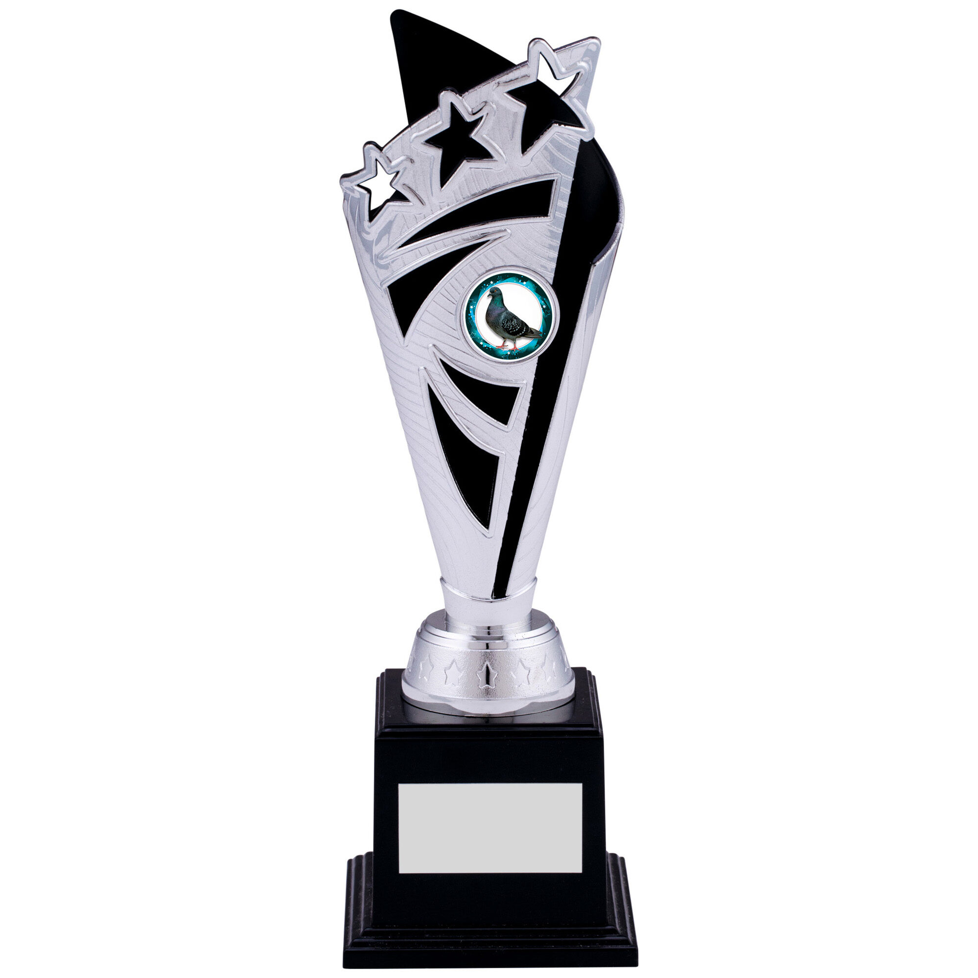 Silver finished trophy with black accent panels, featuring three rising stars at the top, circular medallion showing a bird emblem, mounted on black stepped marble base with gold engraving plaque