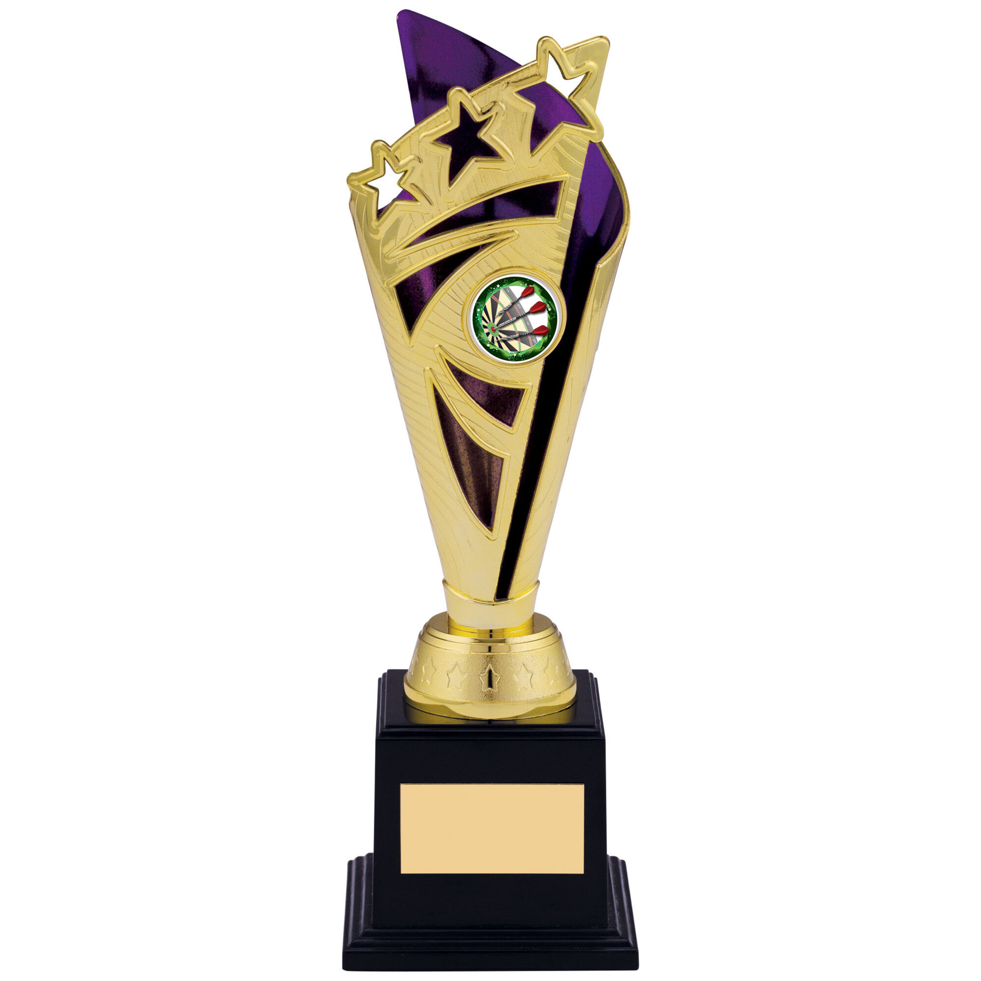 Gold finished trophy with purple accent panels, three rising stars at the top, circular medallion with darts emblem in center, mounted on black stepped marble base with gold engraving plaque