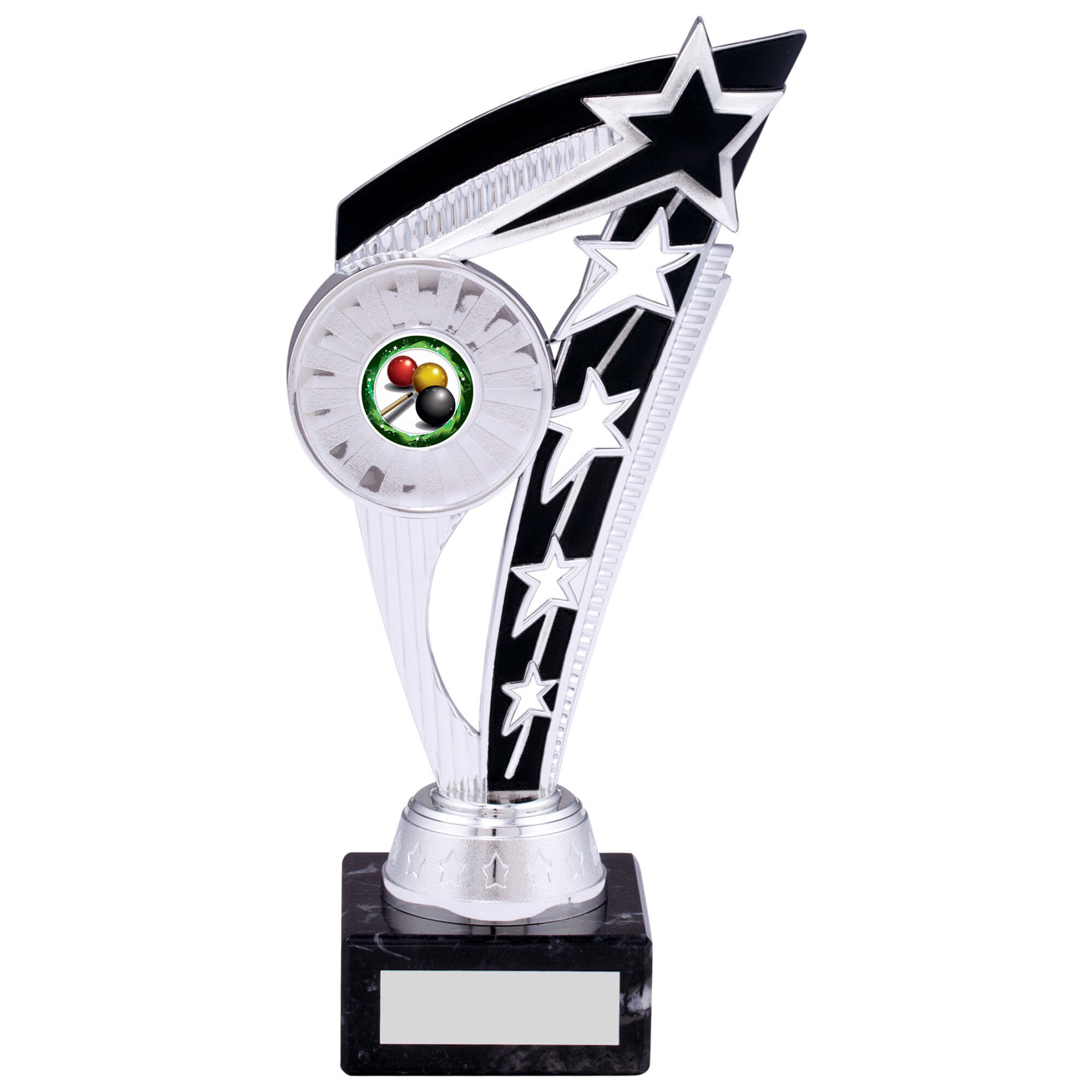 Silver finished trophy with black accent panel featuring shooting star design with multiple stars, circular medallion holder showing pool/snooker balls, mounted on black marble stepped base with gold engraving plaque