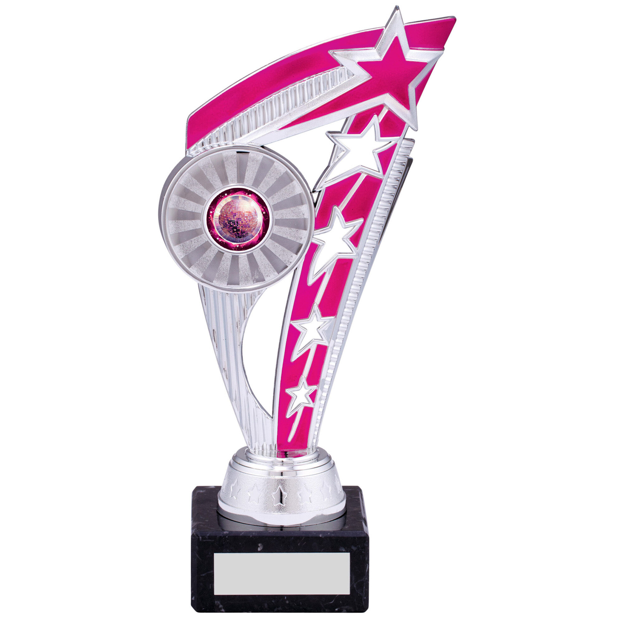 Silver finished trophy with bright pink accent panel featuring shooting star design with multiple stars, circular medallion holder showing disco ball, mounted on black marble stepped base with gold engraving plaque