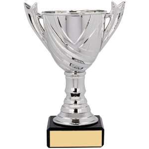 Classic silver trophy cup with curved handles, crystal-cut detailing, stepped metal stem and gold nameplate on black marble base