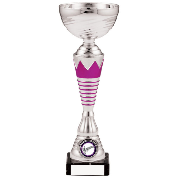 Silver trophy cup with pink crown and ring detailing, ribbed stem, fluted base, centre medallion holder and black nameplate base
