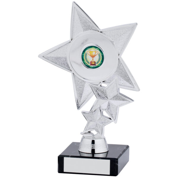 Silver star trophy with large textured star, cascading smaller stars, centre medallion holder on polished stem and black marble base