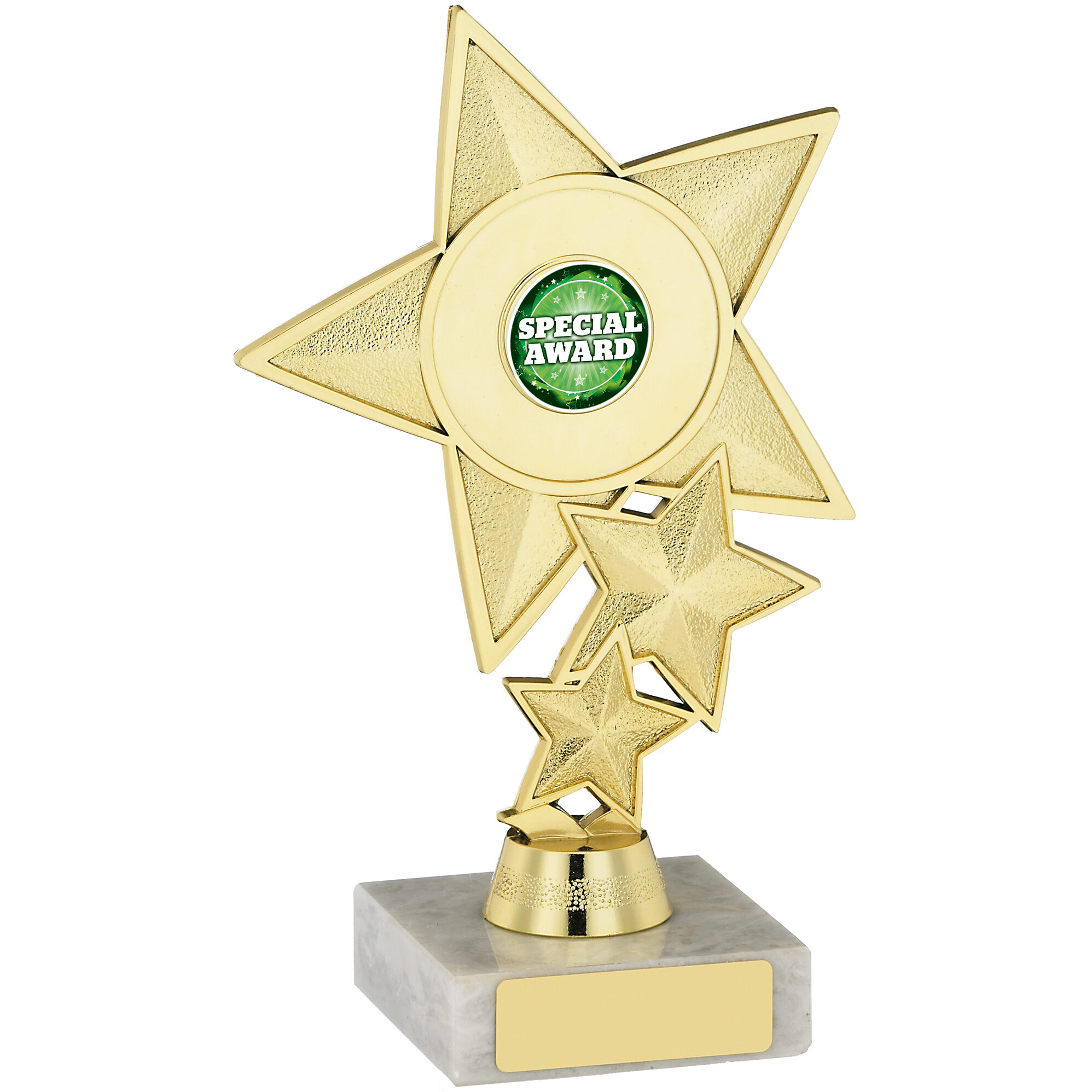 Gold star trophy with textured multi-tiered star design, centre medallion holder, polished gold stem and white marble base with nameplate