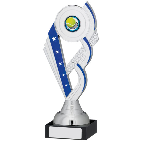 Silver ribbon trophy with flowing curved design, blue star-patterned ribbon accent, tennis ball centre disc, and black marble base with engraving plate