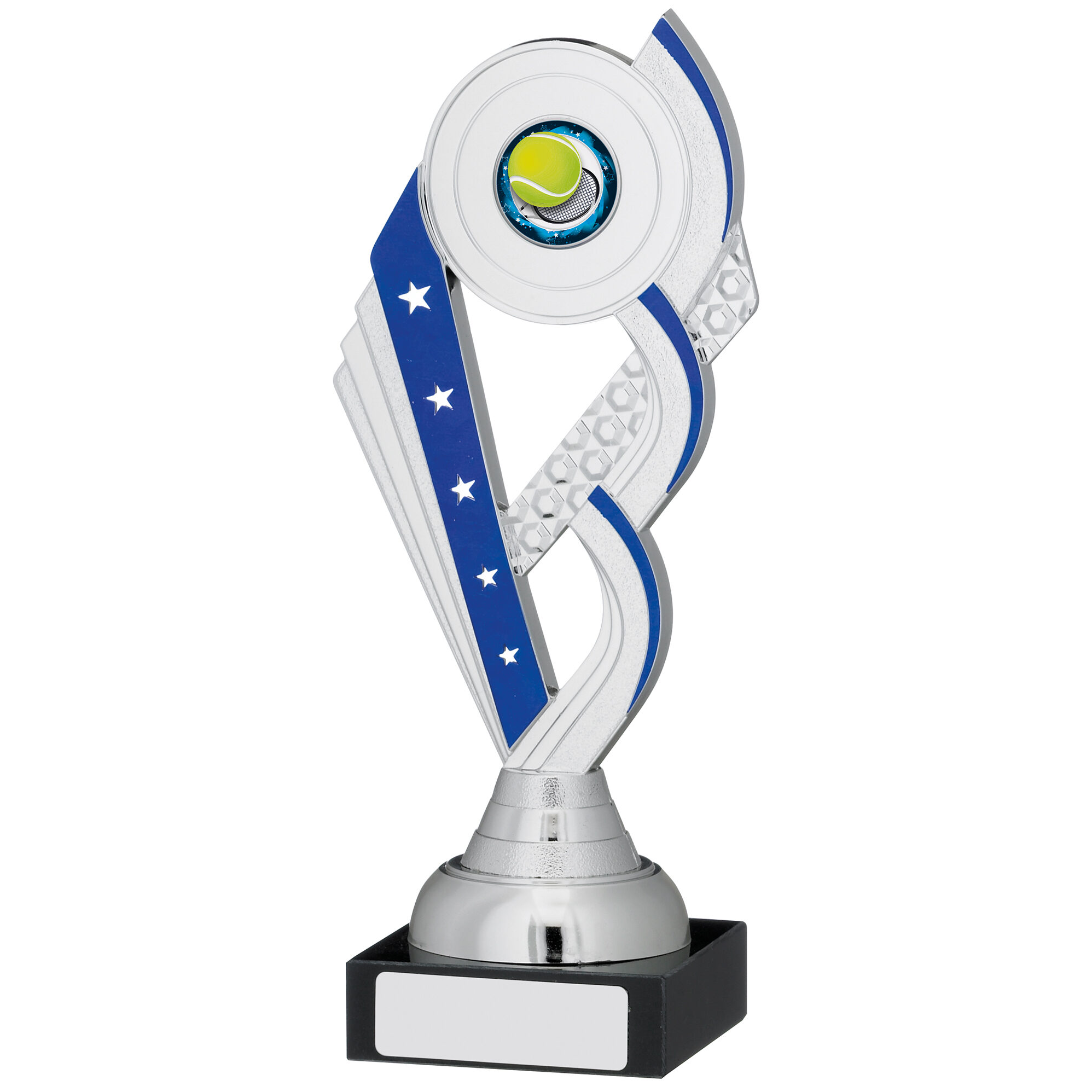 Silver ribbon trophy with flowing curved design, blue star-patterned ribbon accent, tennis ball centre disc, and black marble base with engraving plate