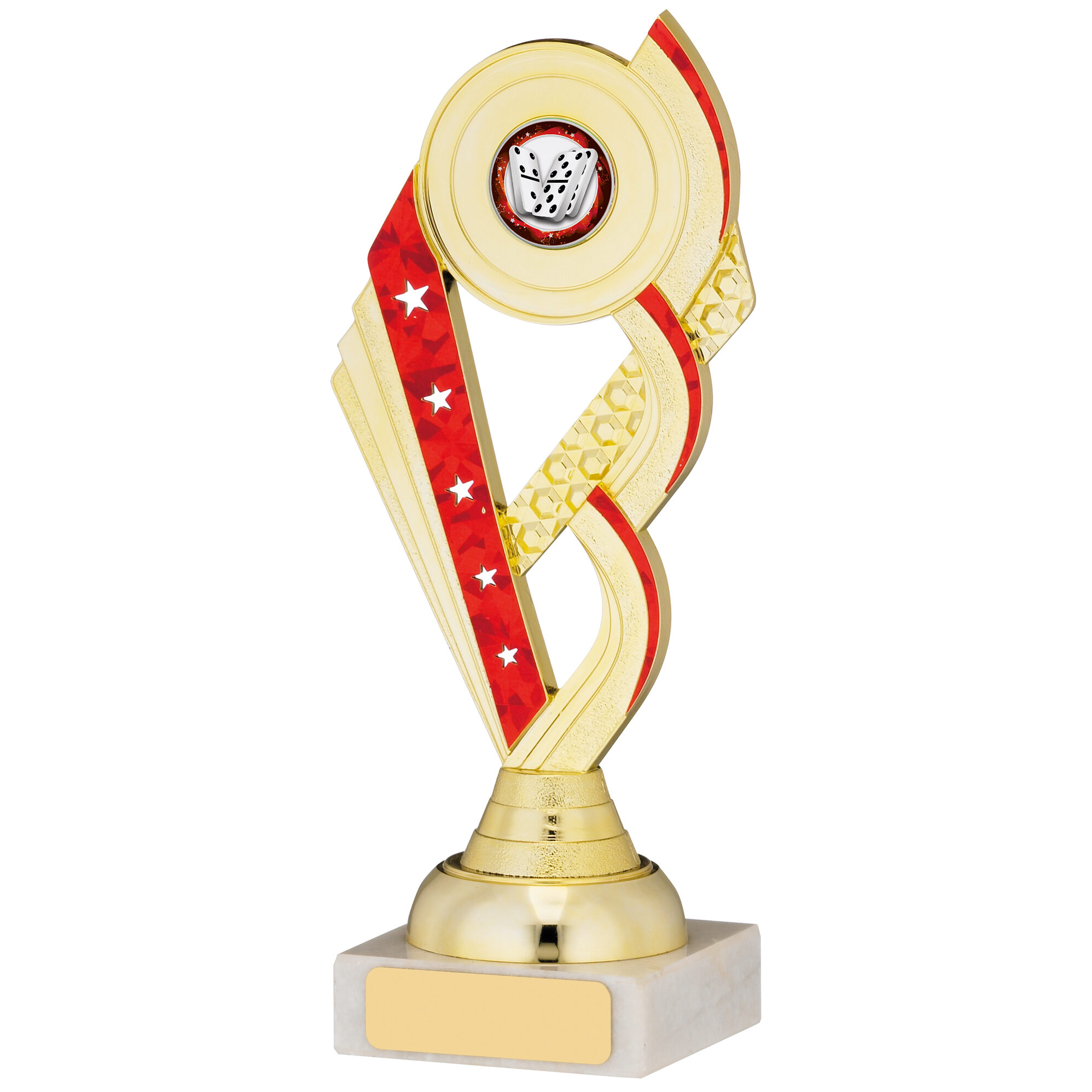 Gold and red ribbon trophy shown with domino centre and marble base