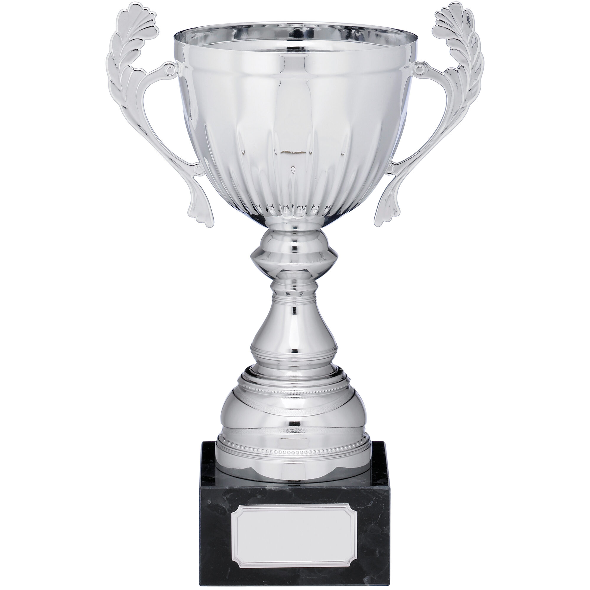 Silver presentation cup with ornate decorative handles featuring leaf motifs, fluted bowl design, tiered pedestal stem and black marble base with engraving plate