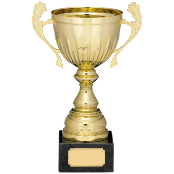 Gold presentation cup with elaborate decorative handles featuring detailed leaf motifs, fluted bowl design, tiered pedestal stem and black marble base with gold engraving plate