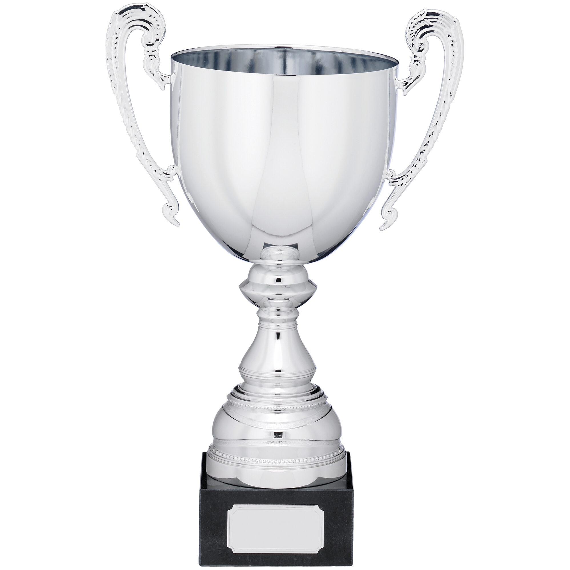 Large silver-plated presentation cup trophy with ornate curved handles, stepped pedestal stem and black marble base with silver engraving plate